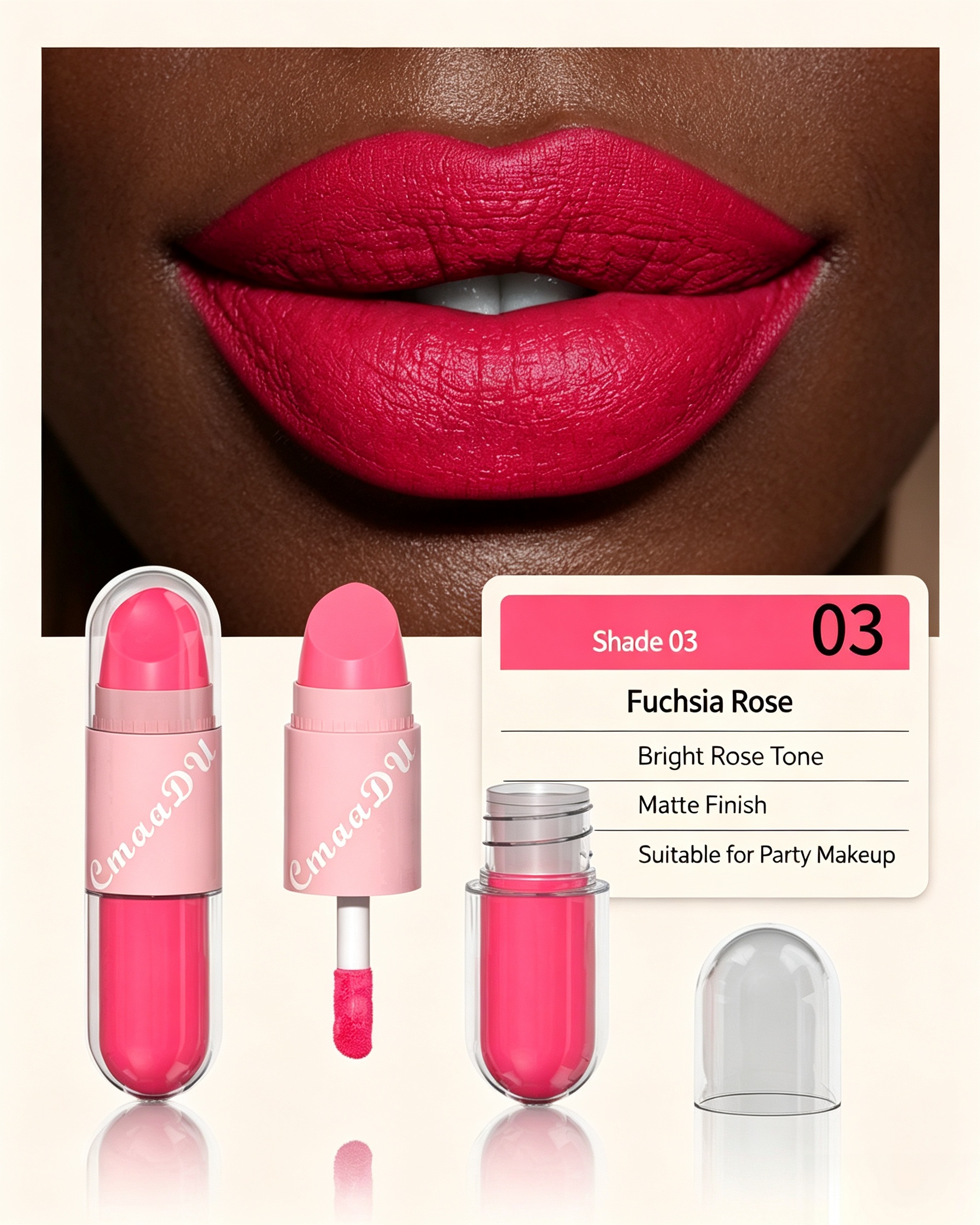 2-in-1 Velvet Matte Fuchsia Rose Lip Glaze and Lipstick, Shade 03