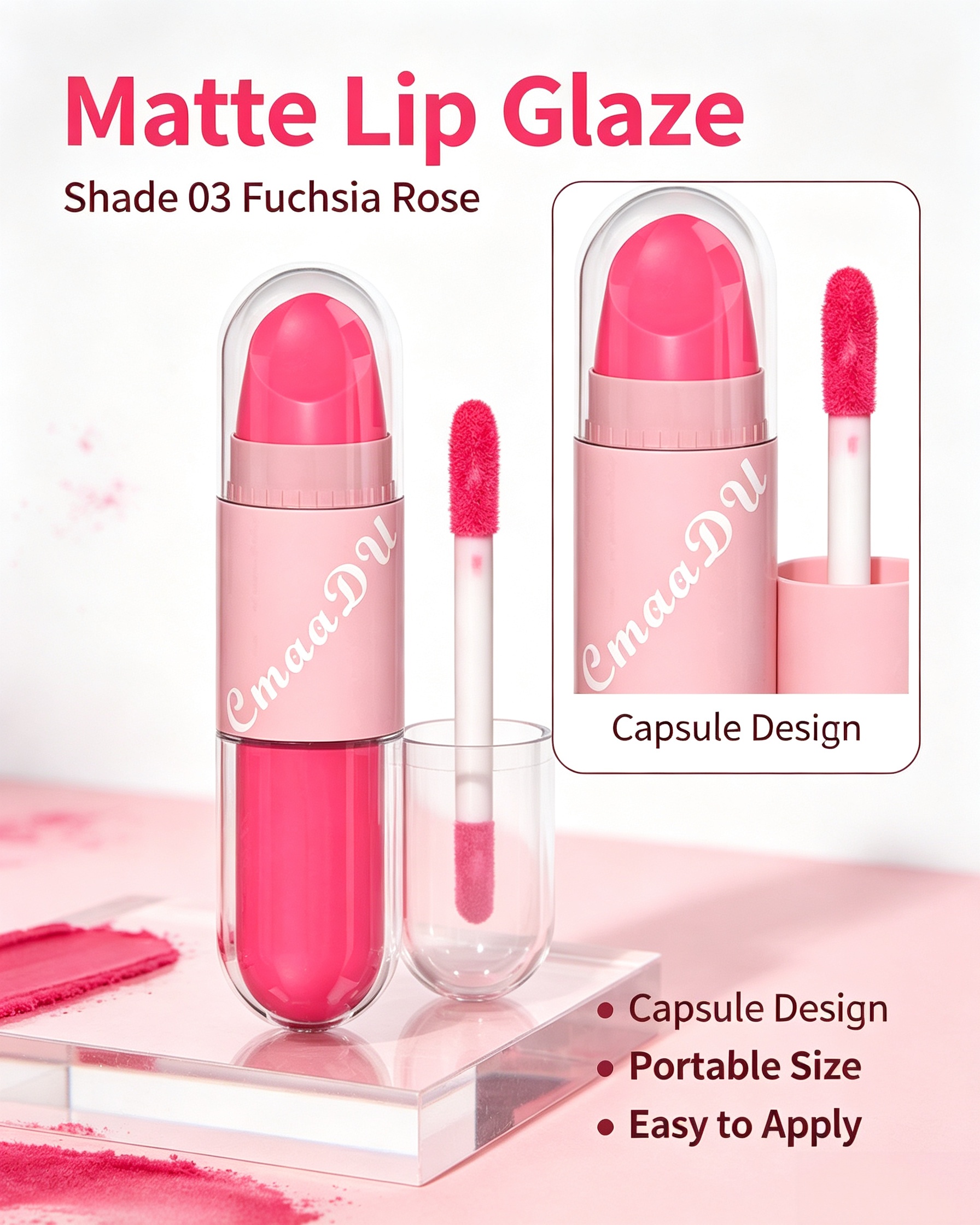2-in-1 Velvet Matte Fuchsia Rose Lip Glaze and Lipstick, Shade 03