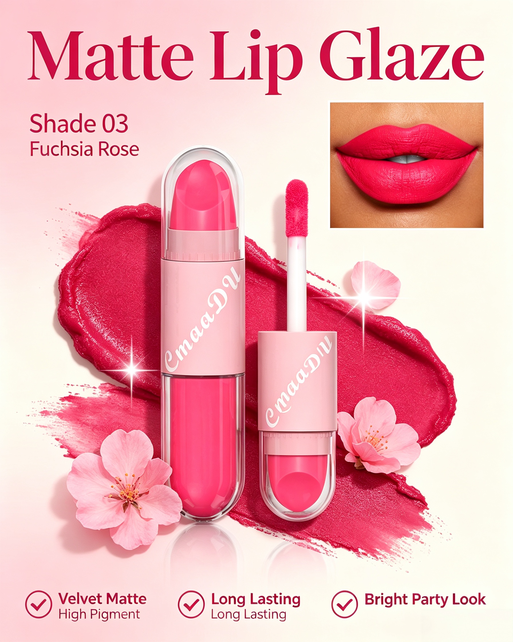 2-in-1 Velvet Matte Fuchsia Rose Lip Glaze and Lipstick, Shade 03