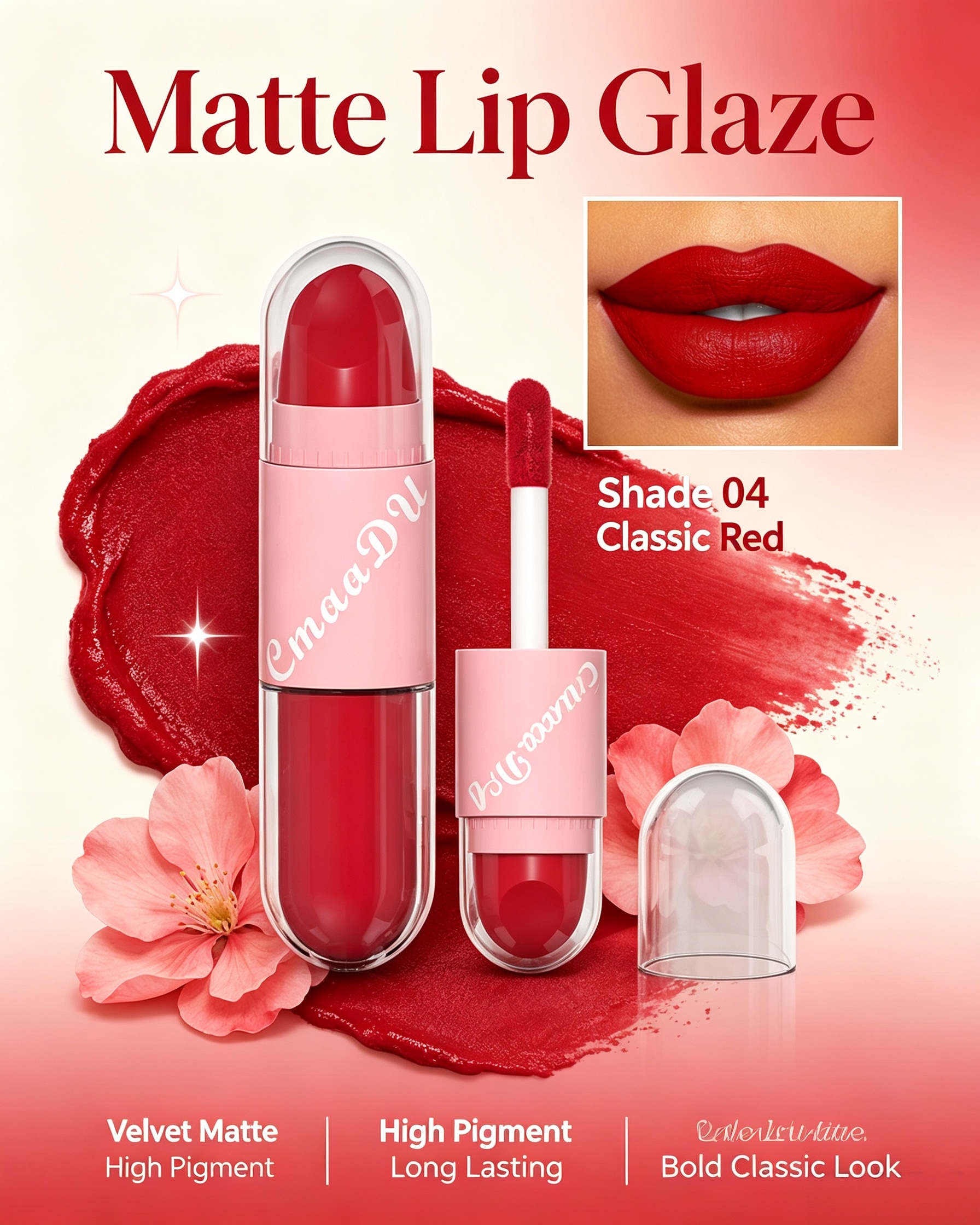 أحمر شفاه وملمع شفاه 2 في 1 مخملي مطفي درجة 04 كلاسيك ريد