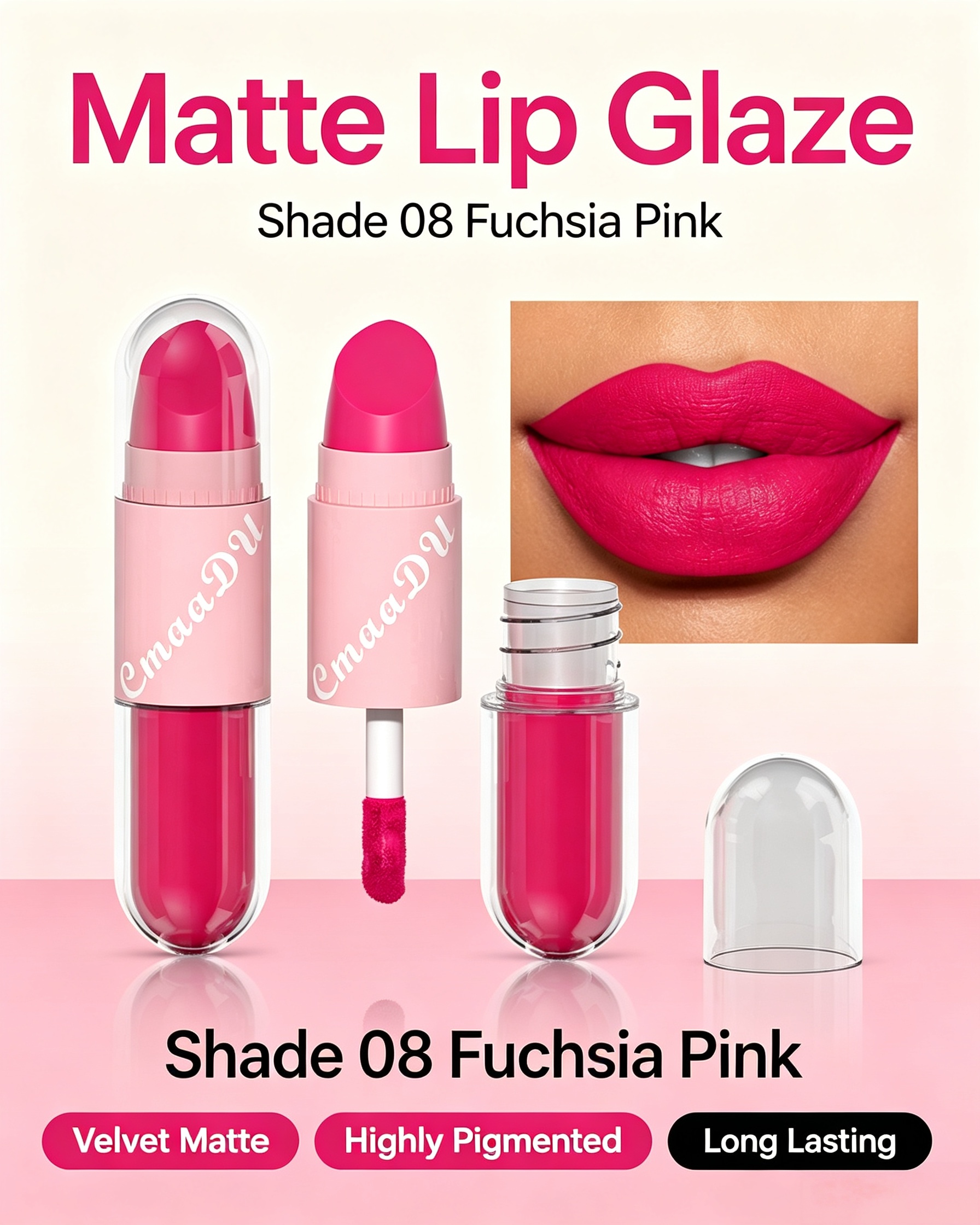 2-in-1 Velvet Matte Fuchsia Pink Lip Glaze and Lipstick and Lipstick, Shade 08