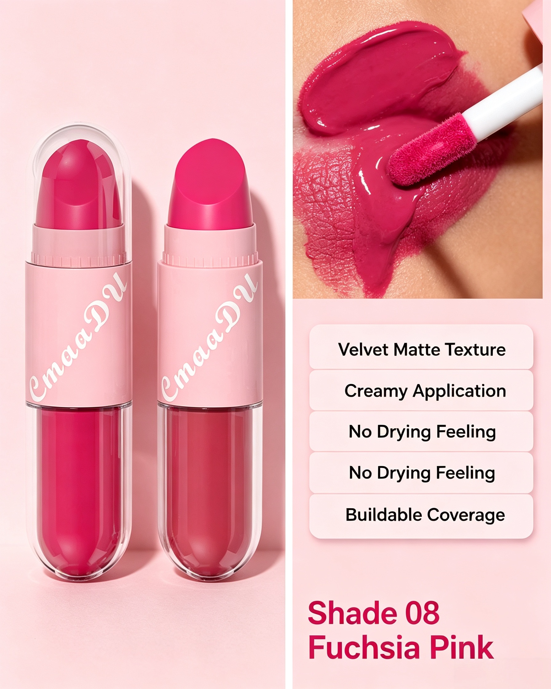 2-in-1 Velvet Matte Fuchsia Pink Lip Glaze and Lipstick and Lipstick, Shade 08