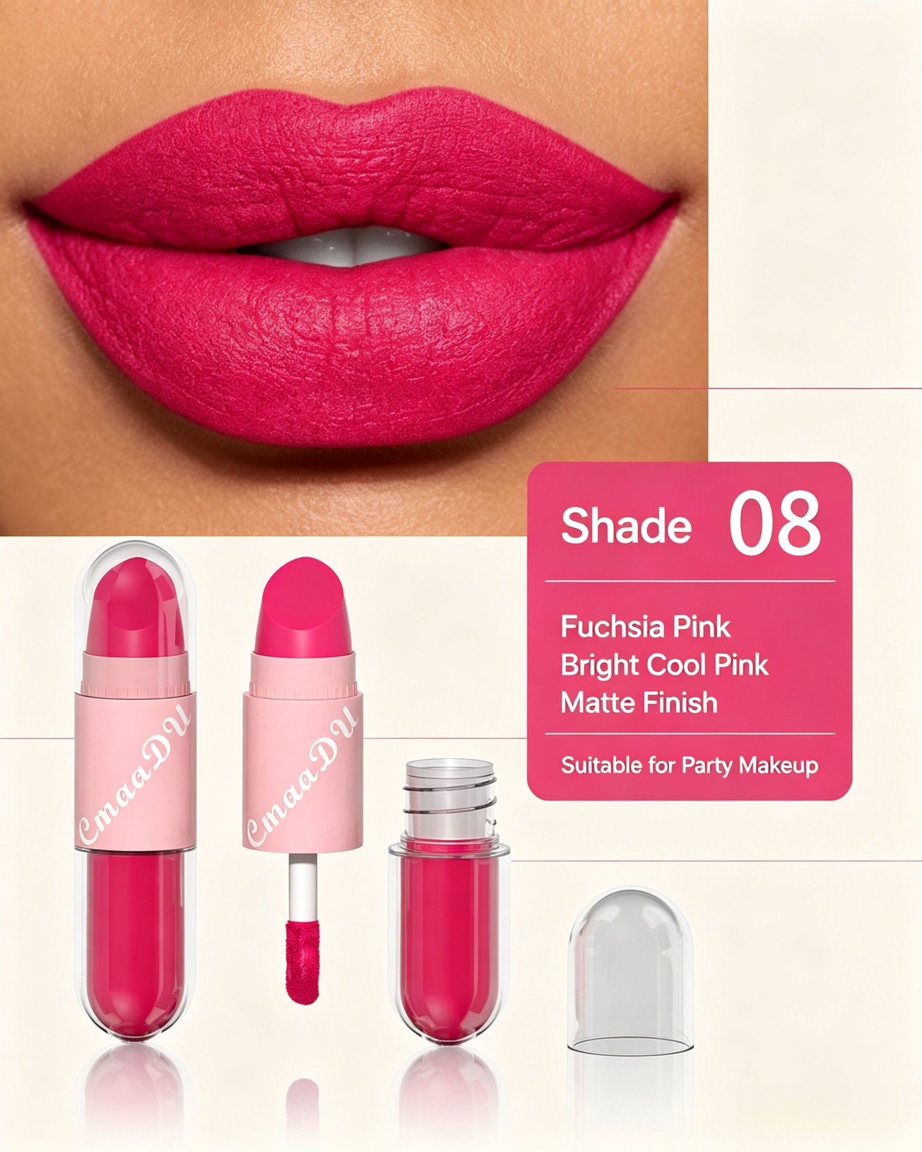 2-in-1 Velvet Matte Fuchsia Pink Lip Glaze and Lipstick and Lipstick, Shade 08