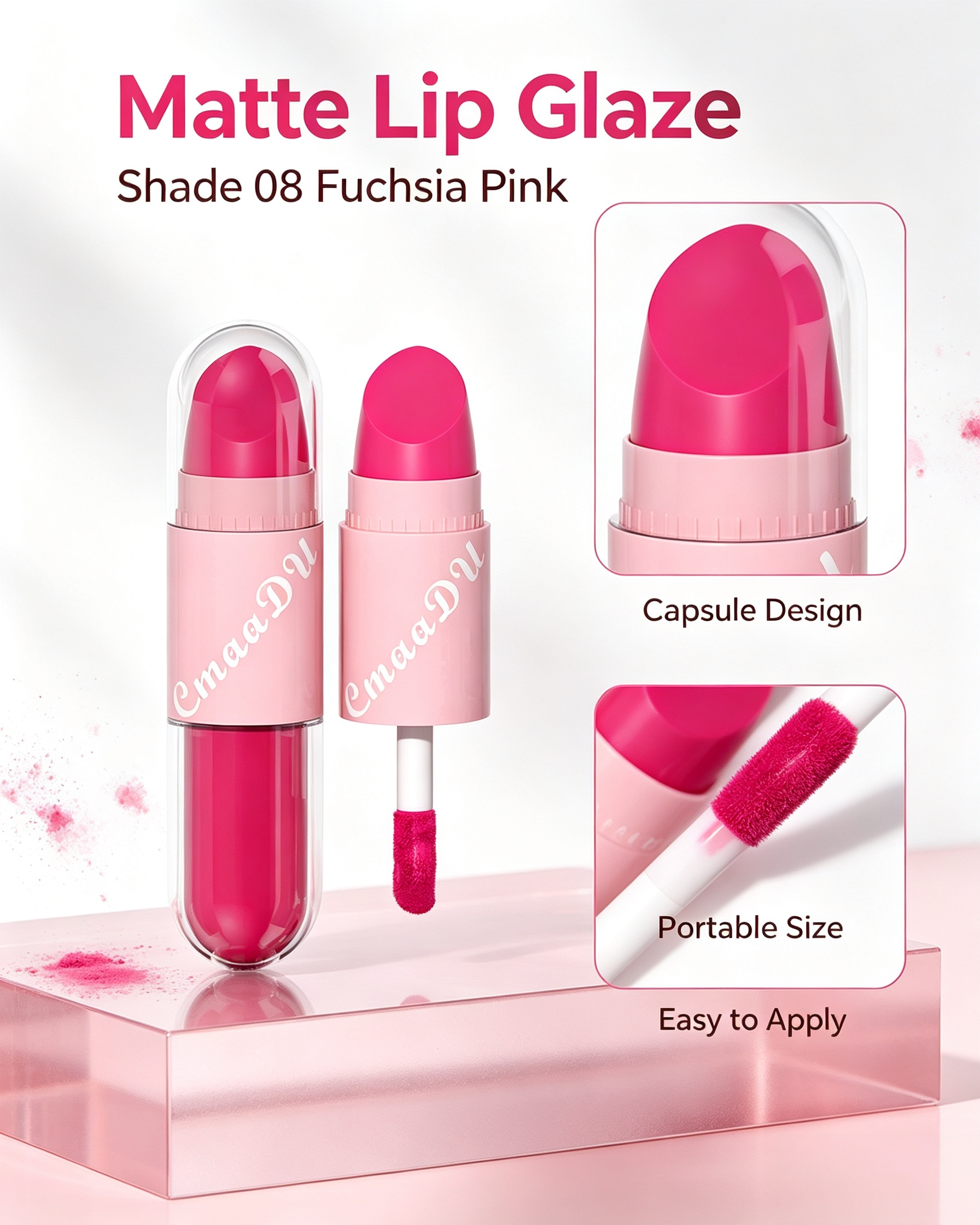 2-in-1 Velvet Matte Fuchsia Pink Lip Glaze and Lipstick and Lipstick, Shade 08