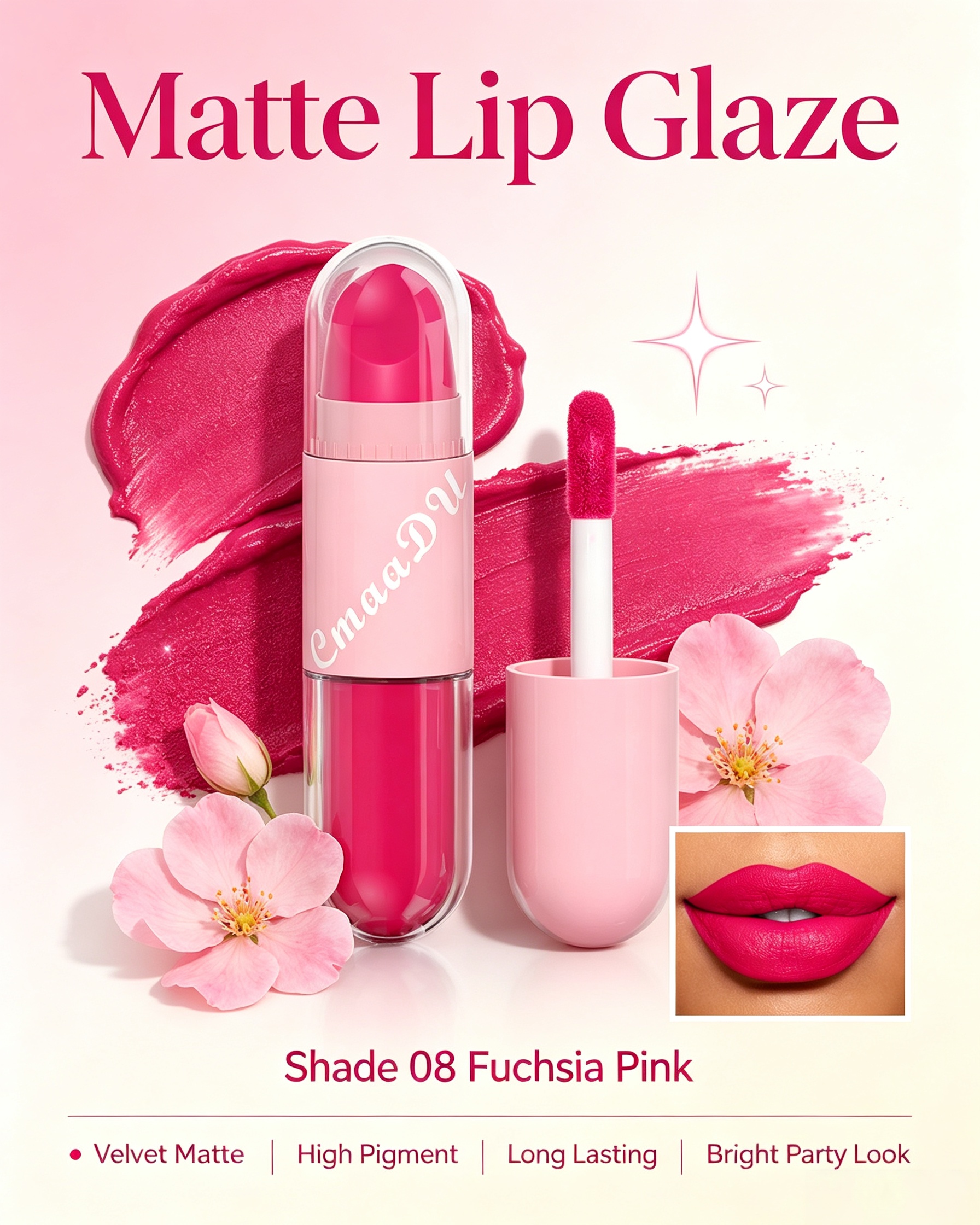 2-in-1 Velvet Matte Fuchsia Pink Lip Glaze and Lipstick and Lipstick, Shade 08