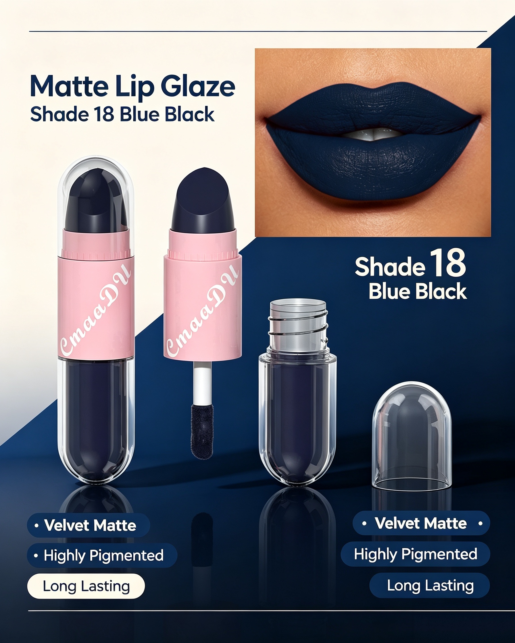 2-in-1 Velvet Matte Blue Black Lip Glaze and Lipstick, Shade 18