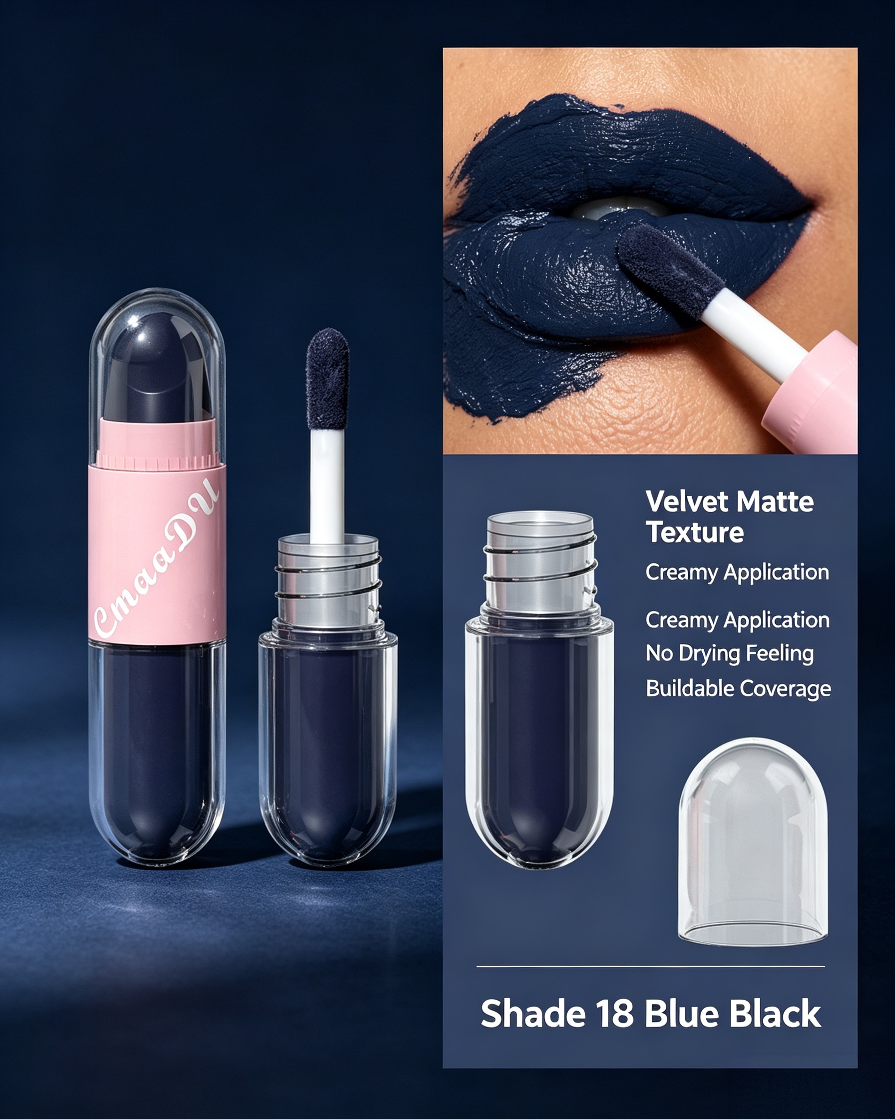 2-in-1 Velvet Matte Blue Black Lip Glaze and Lipstick, Shade 18