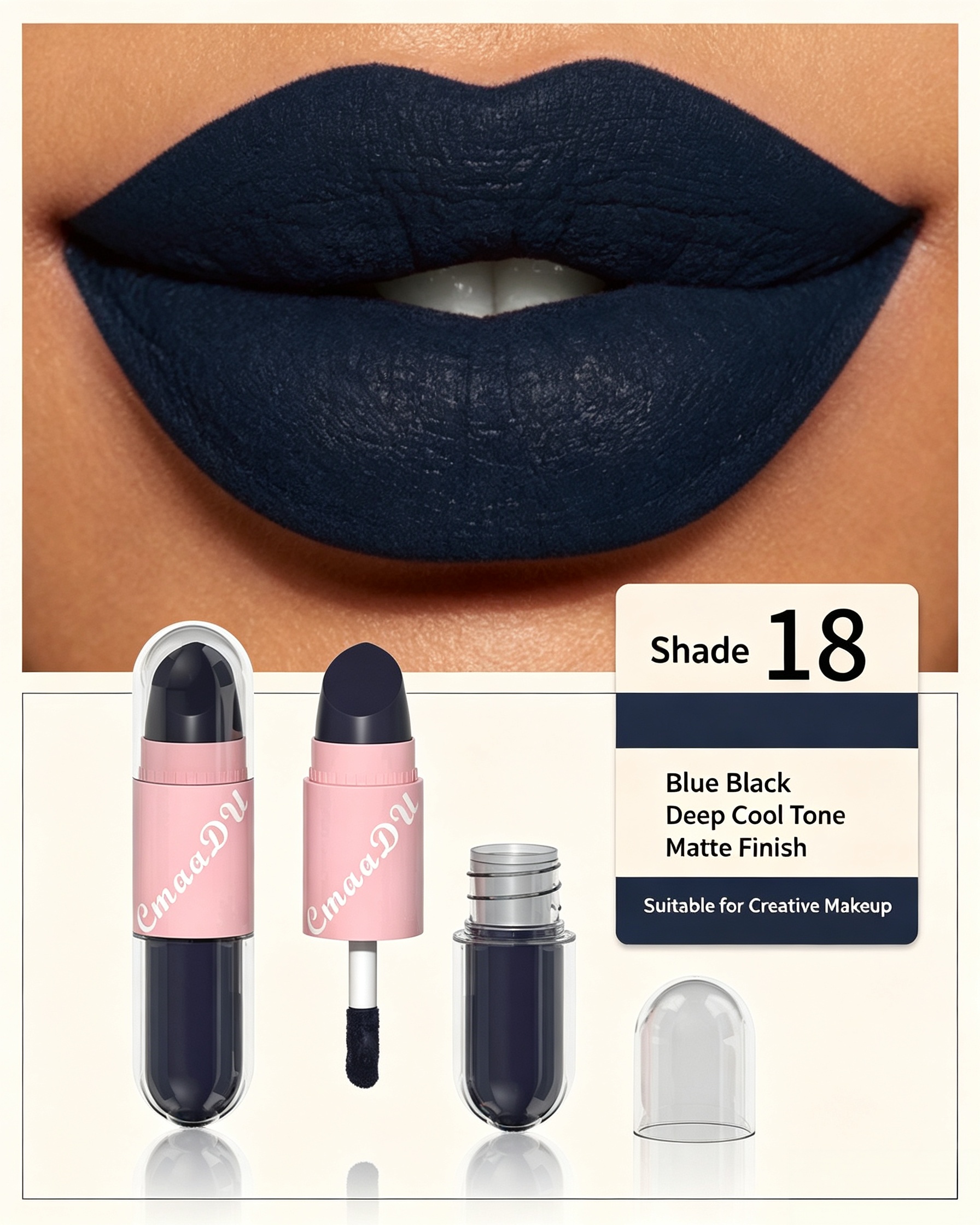 2-in-1 Velvet Matte Blue Black Lip Glaze and Lipstick, Shade 18