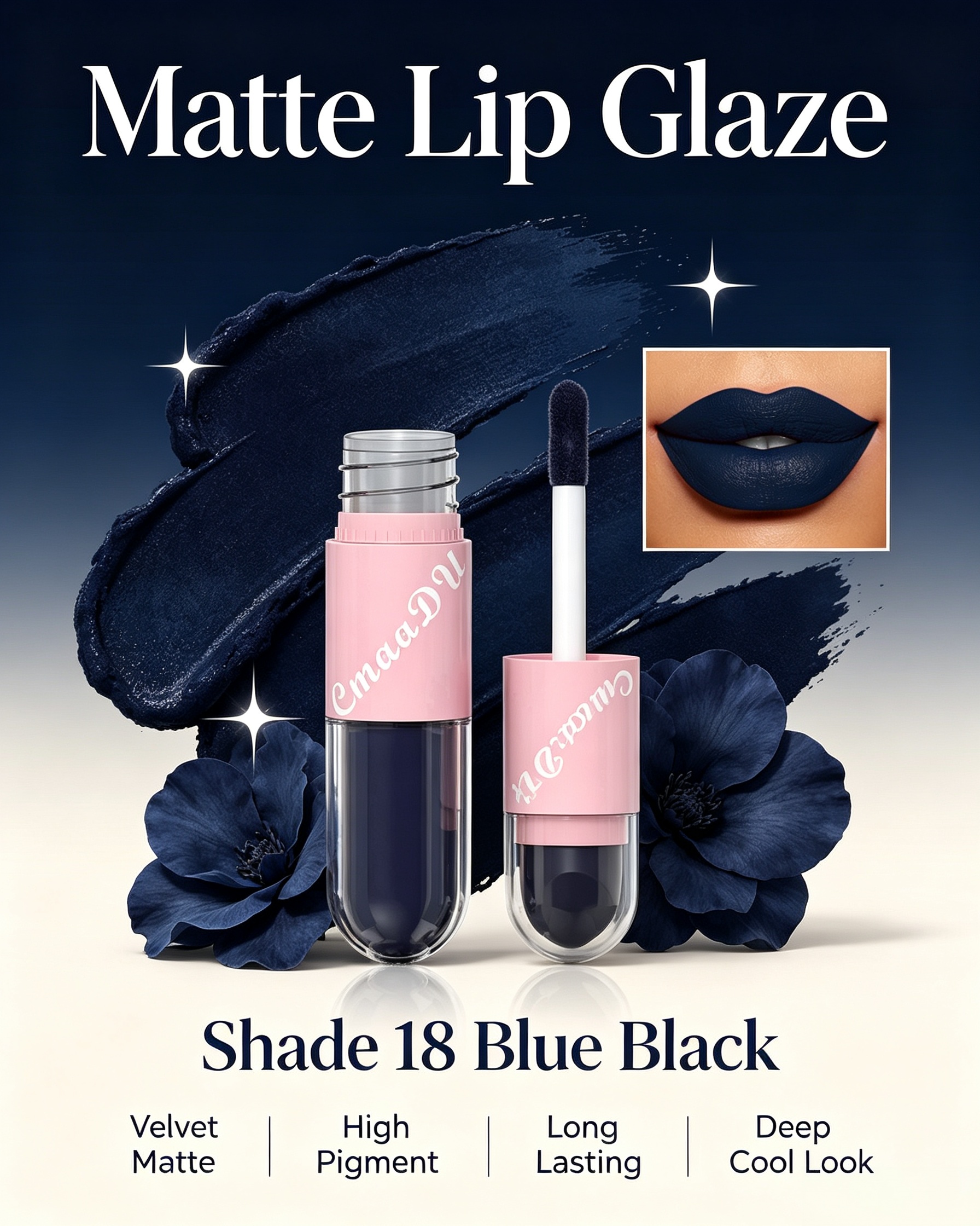 2-in-1 Velvet Matte Blue Black Lip Glaze and Lipstick, Shade 18