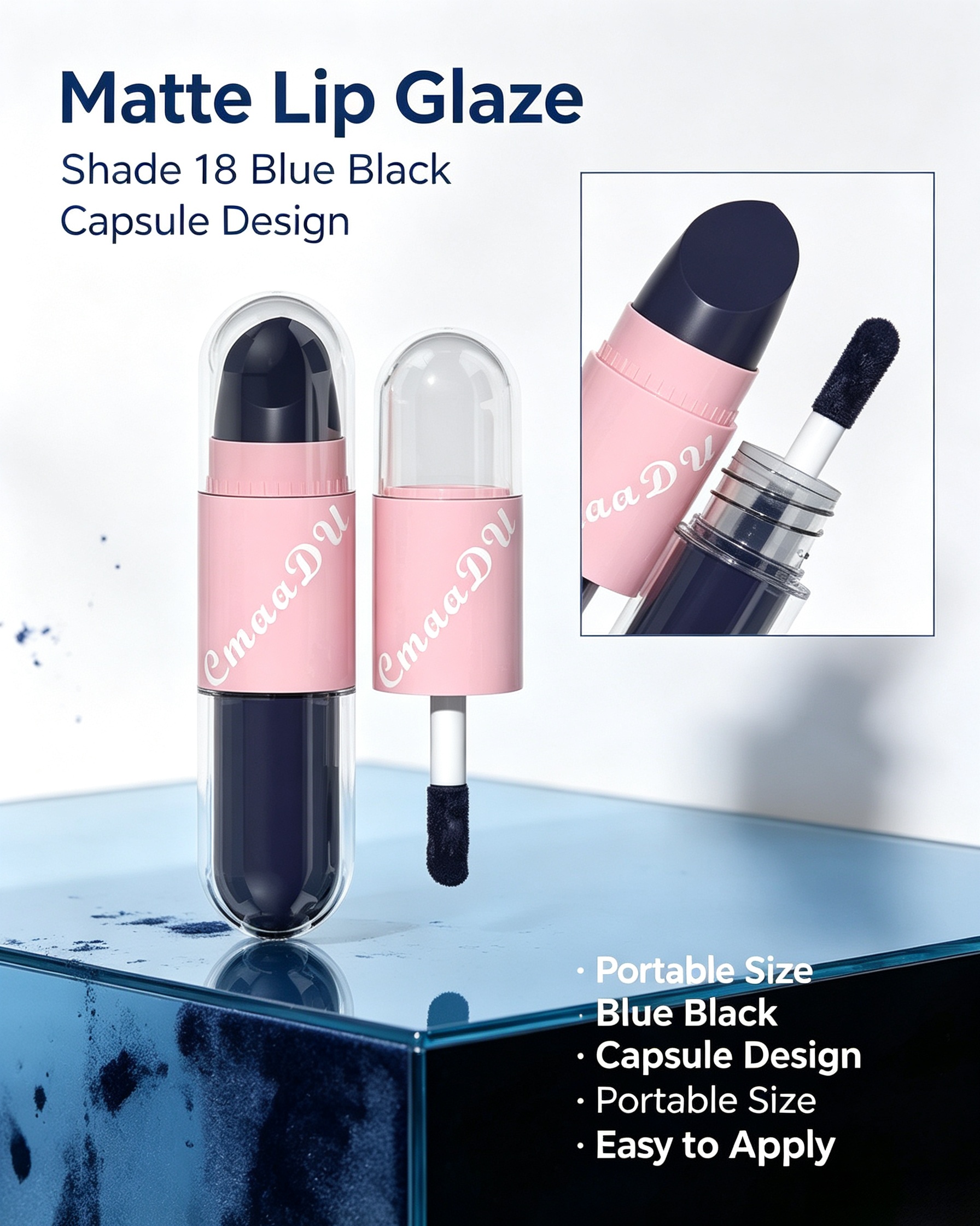 2-in-1 Velvet Matte Blue Black Lip Glaze and Lipstick, Shade 18