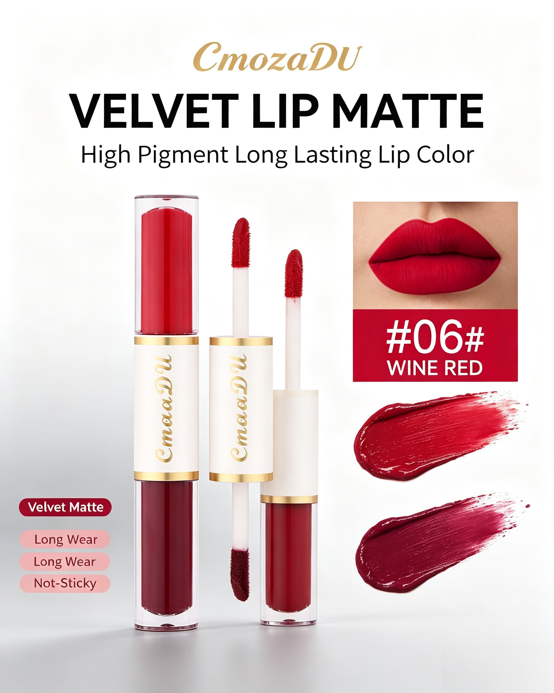 Velvet Matte Double-Ended Liquid Lipstick, 06 Wine Red
