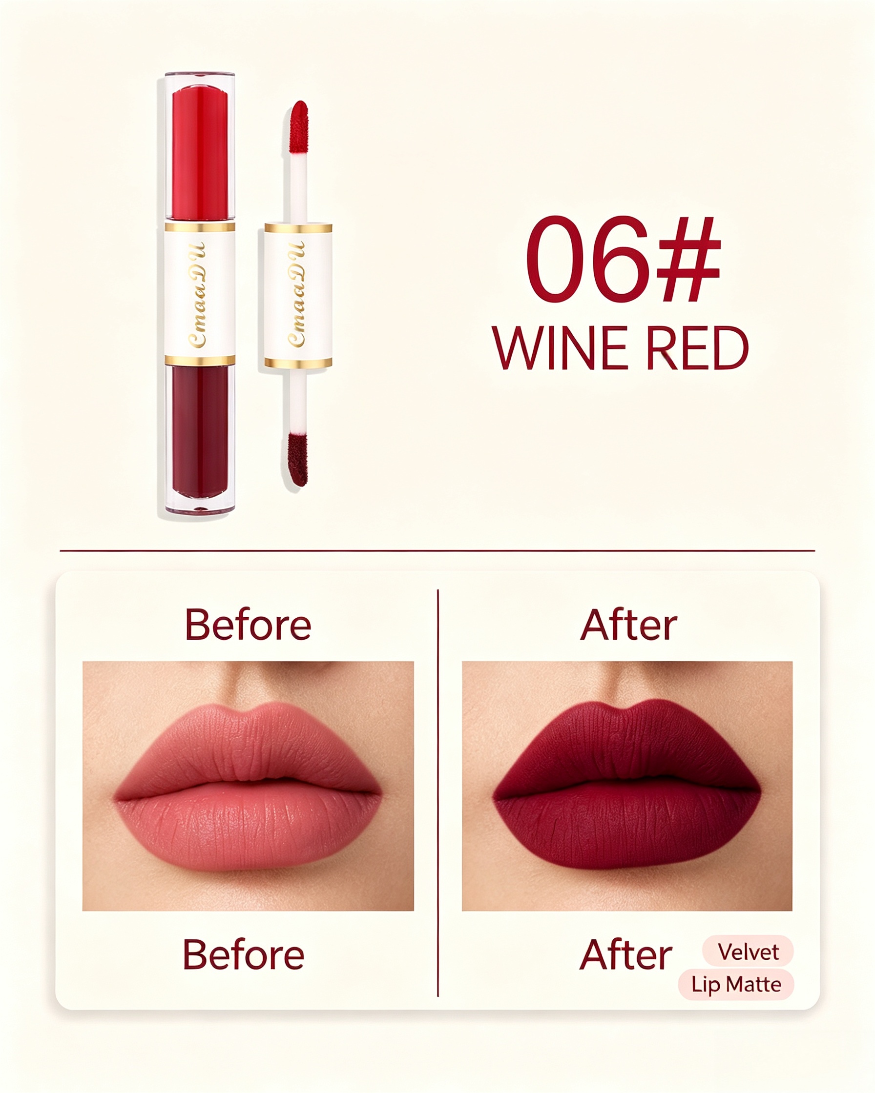 Velvet Matte Double-Ended Liquid Lipstick, 06 Wine Red