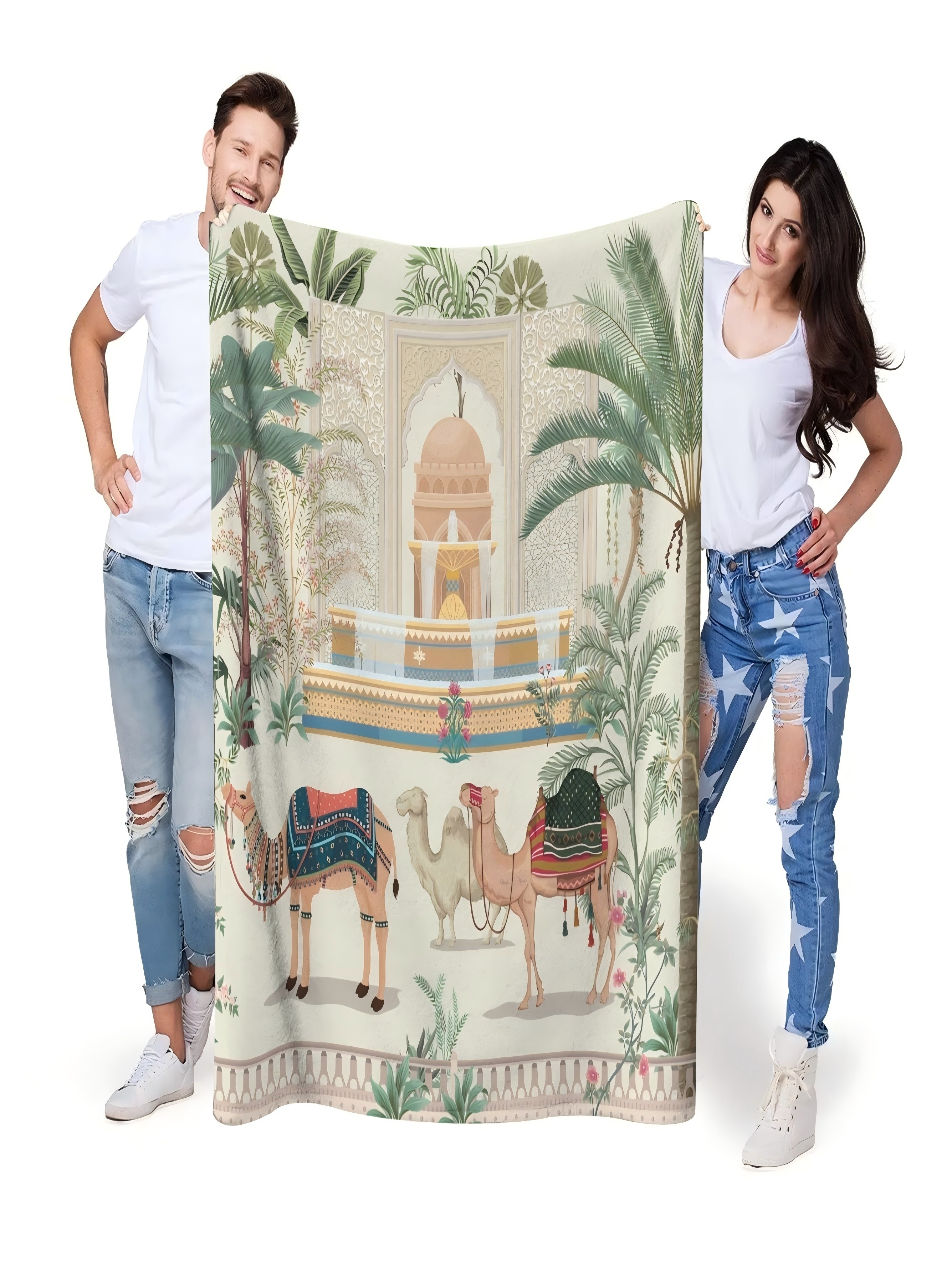 بطانية بيج بطبعة جمل واحة الصحراء، 60*80 بوصة