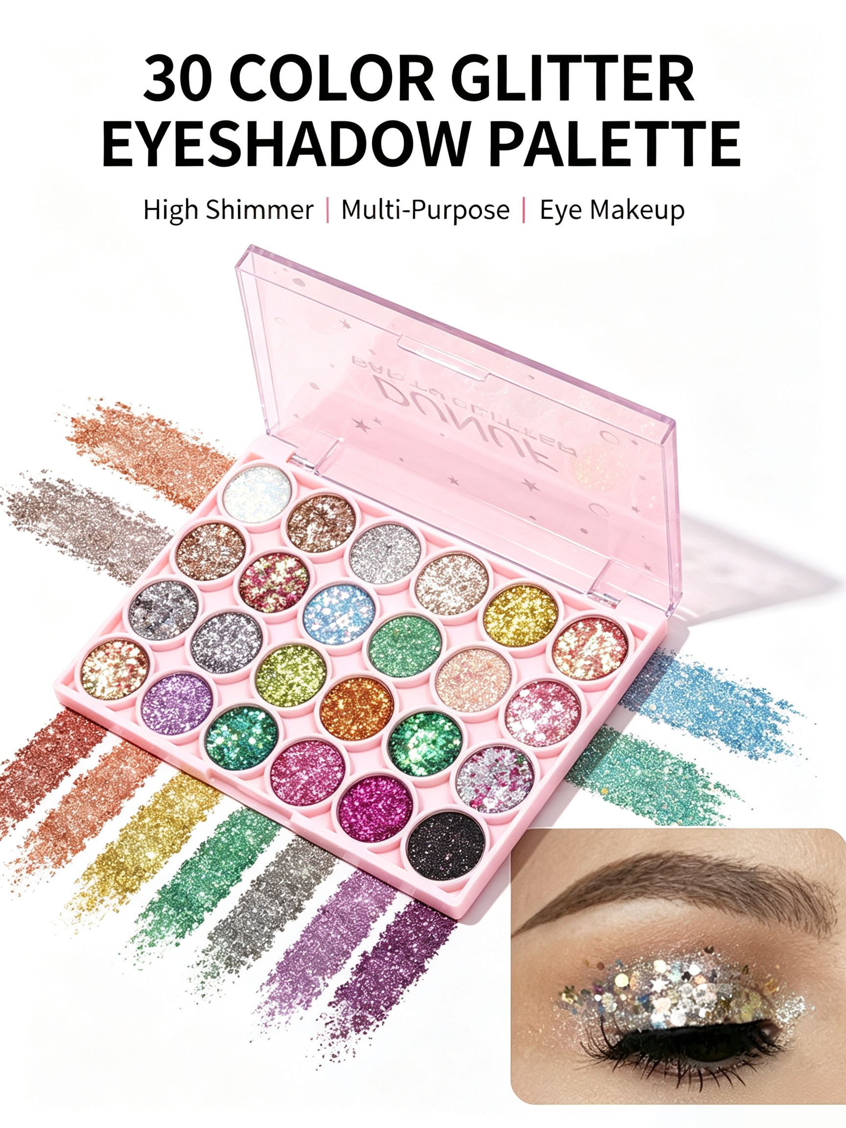 30-Color Glitter Eyeshadow Palette - High Shimmer Multi-Purpose Eye Makeup Kit