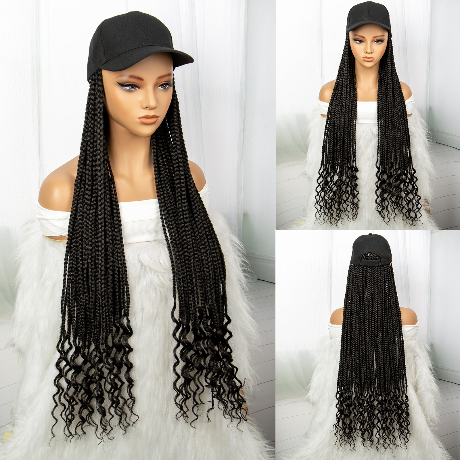 Black 28-Inch Braided Wig with Cap - Stylish Synthetic Hair for Daily Wear