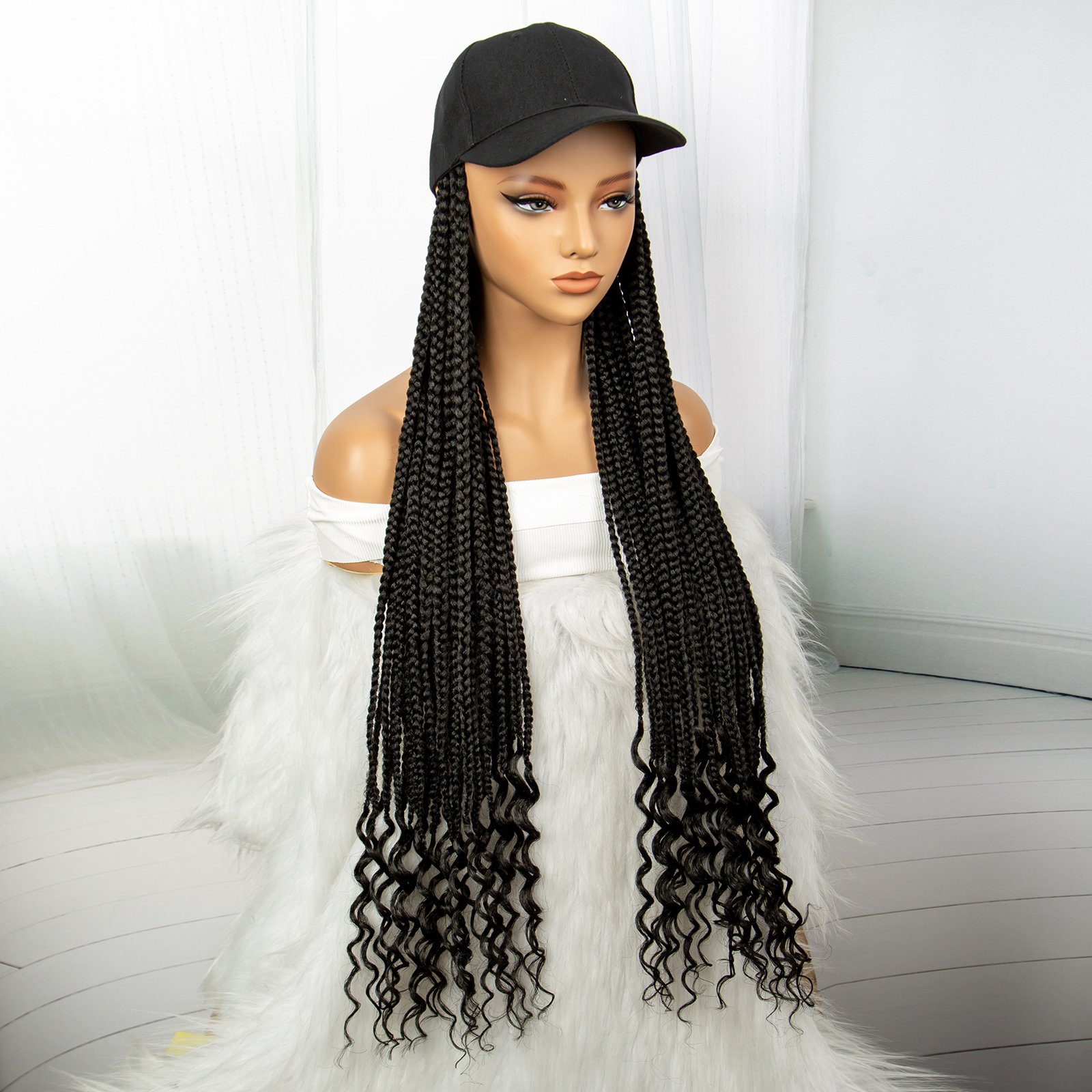 Black 28-Inch Braided Wig with Cap - Stylish Synthetic Hair for Daily Wear