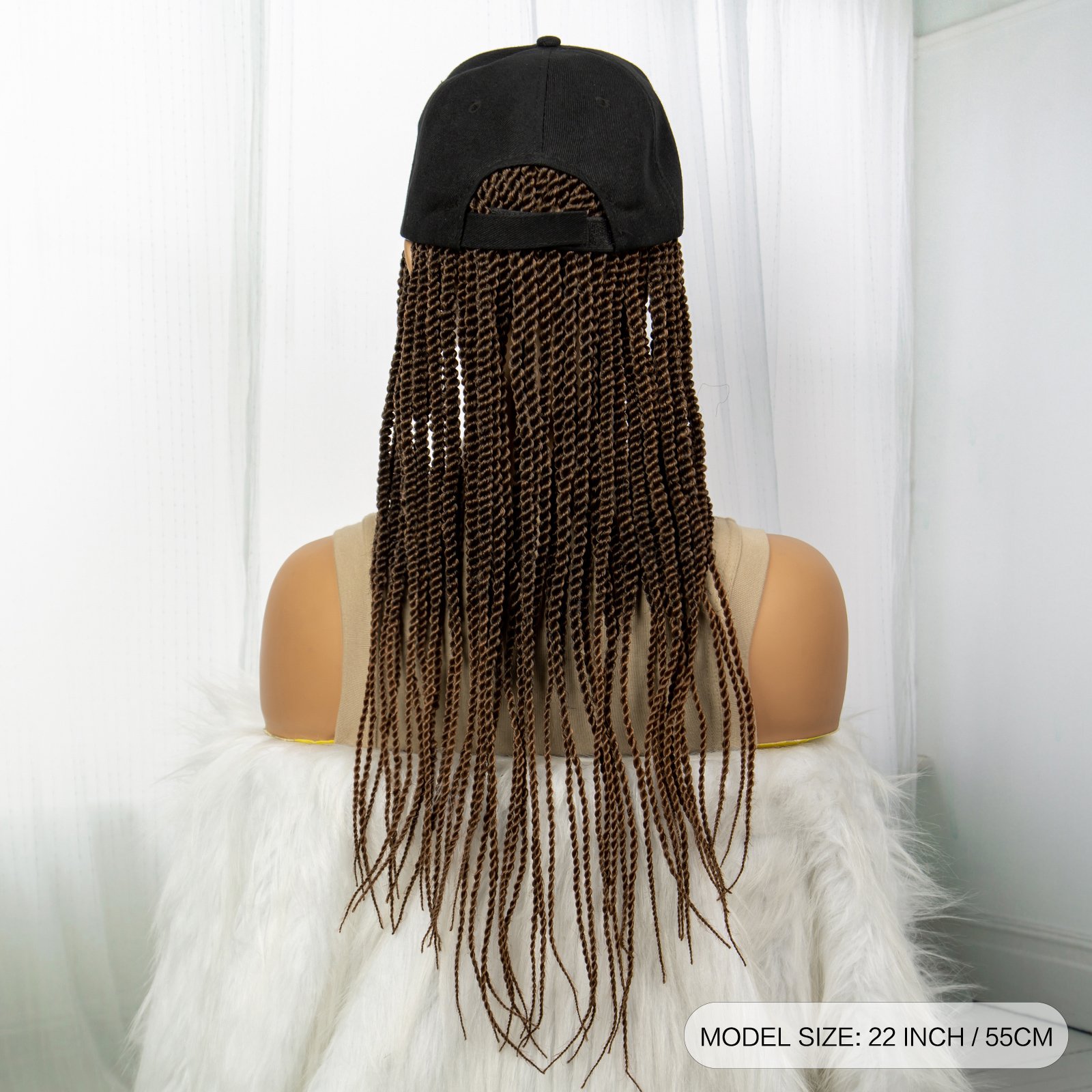 Womens 22 Long Braided Wig with Baseball Cap - Natural Brown Synthetic Hair for Daily Wear