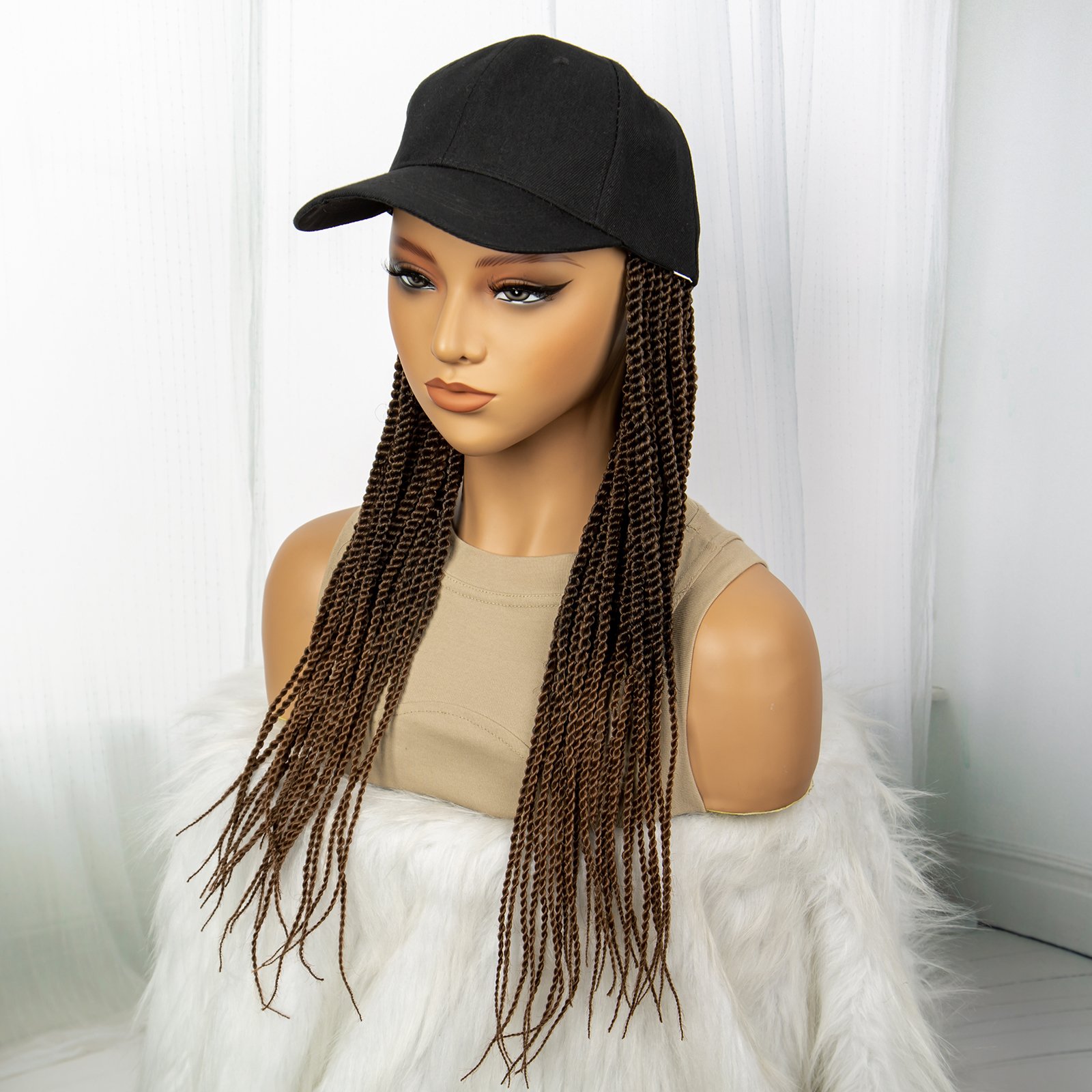 Womens 22 Long Braided Wig with Baseball Cap - Natural Brown Synthetic Hair for Daily Wear