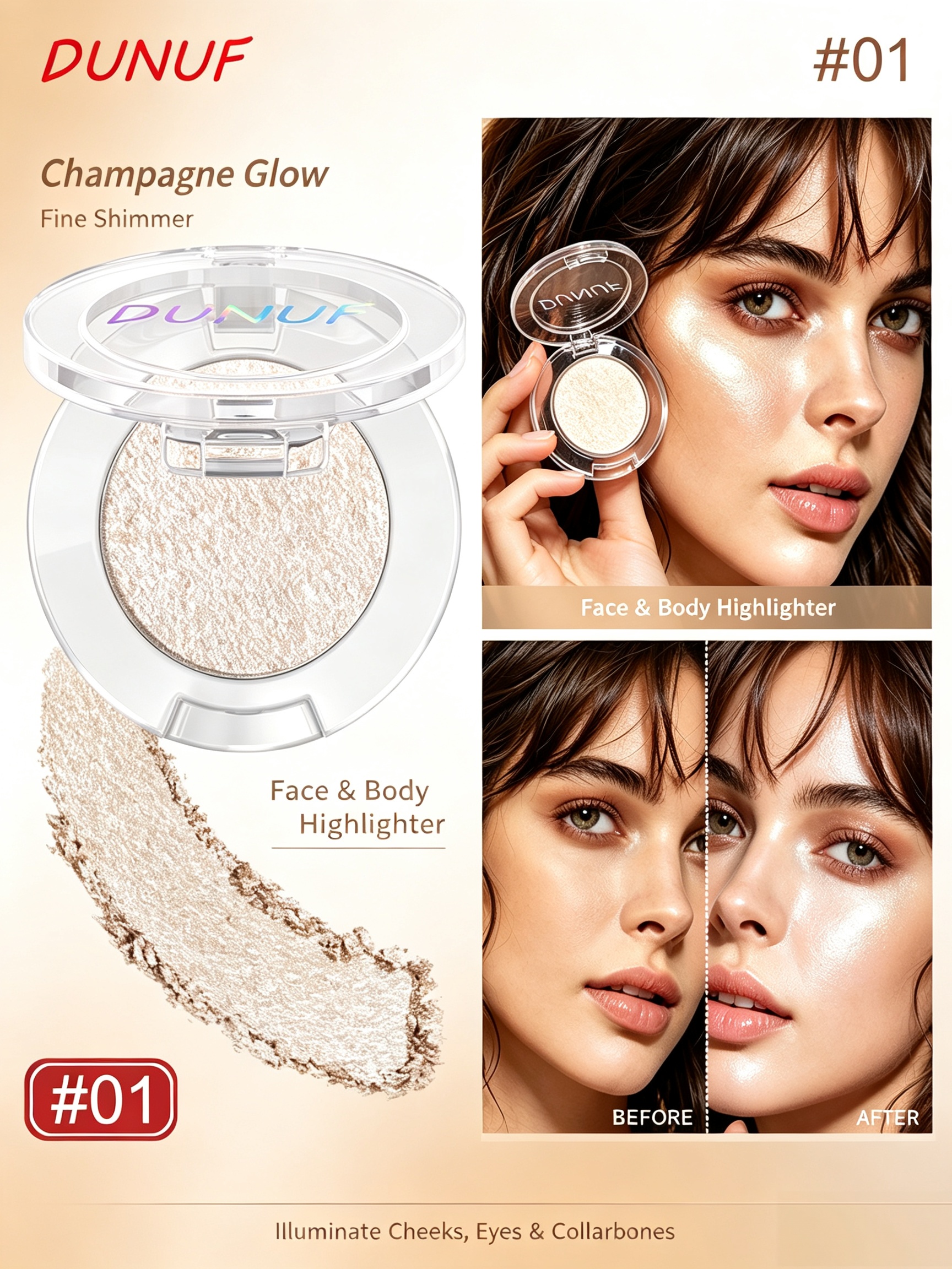 Champagne Glow Face and Body Highlighter - 01 Fine Shimmer for Radiant Skin