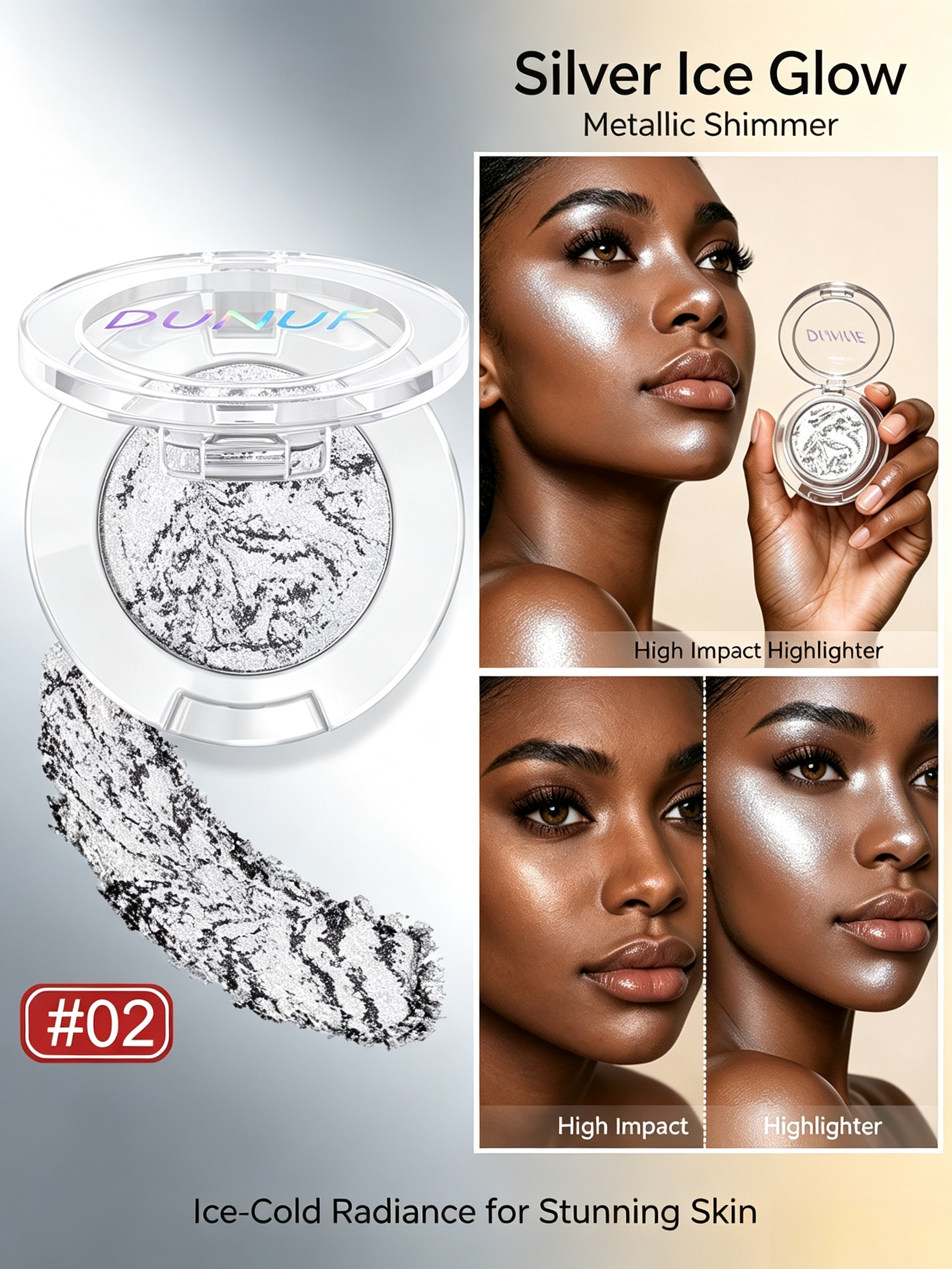 Silver Ice Glow Metallic Highlighter Powder - 02 Shimmer for Radiant Skin