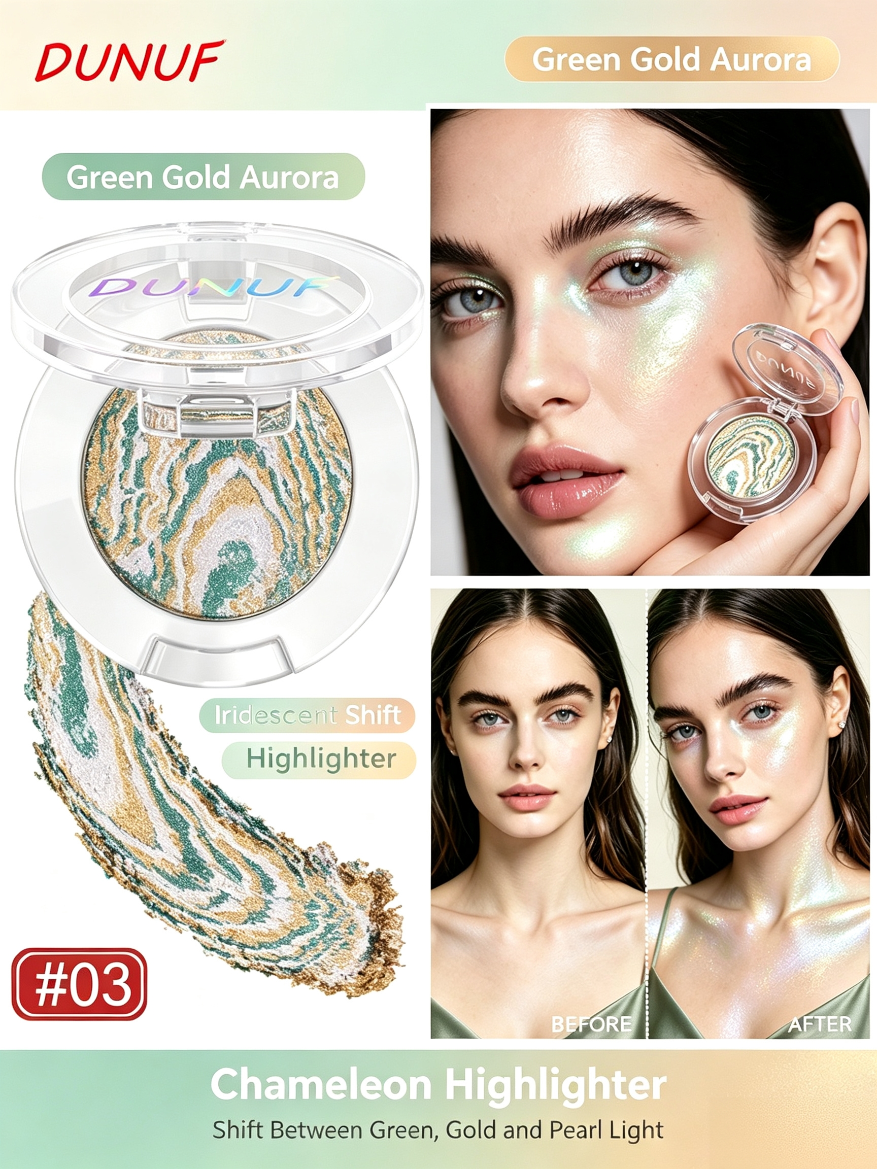 03 Aurora Glow Multichrome Highlighter - Green Gold Pearl Shifting Face and Body Makeup