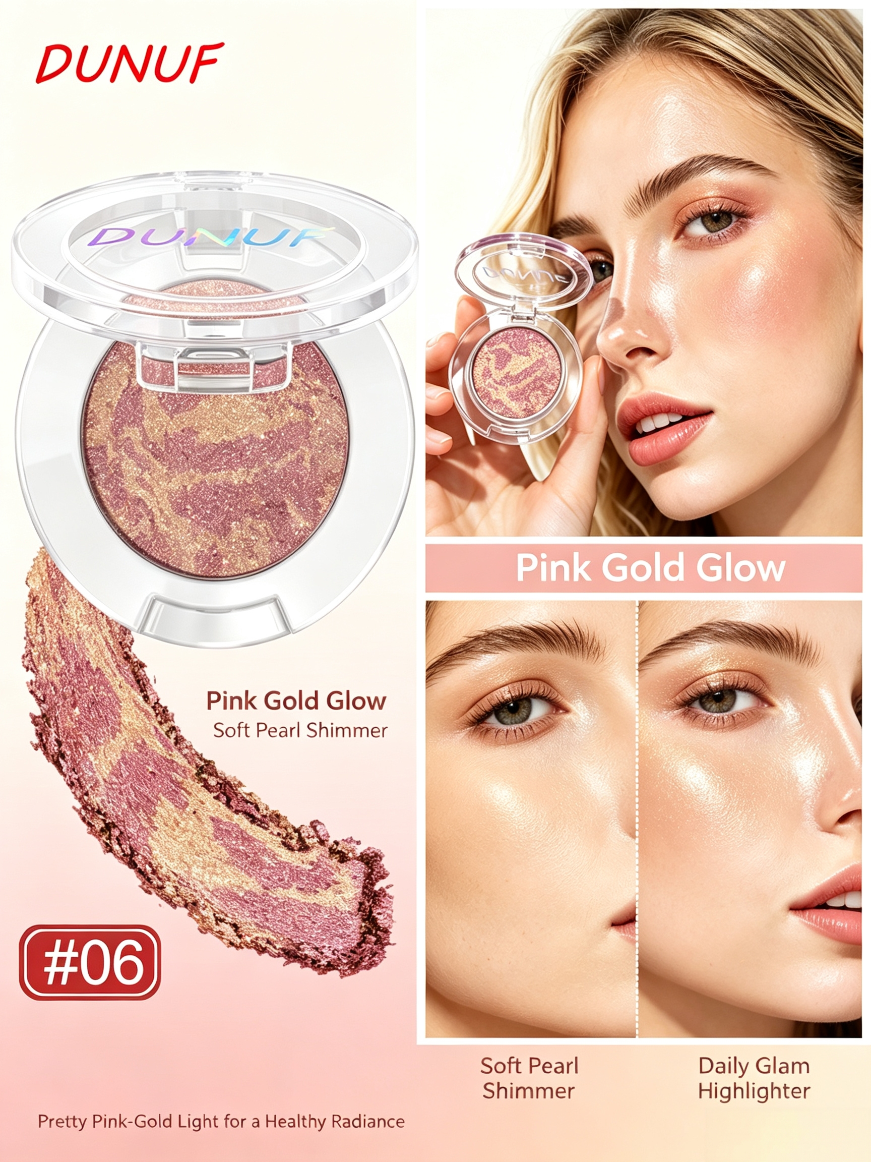 Pink Gold Glow Baked Highlighter 06 - Soft Pearl Shimmer for Radiant Skin