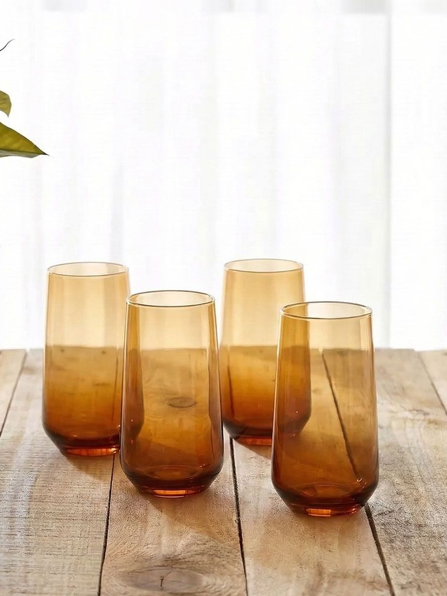 Rakle 4 - Piece Hi Ball Glass Set 470ml, Amber, Glassware For Dining Table Water Juice And Guest Serving