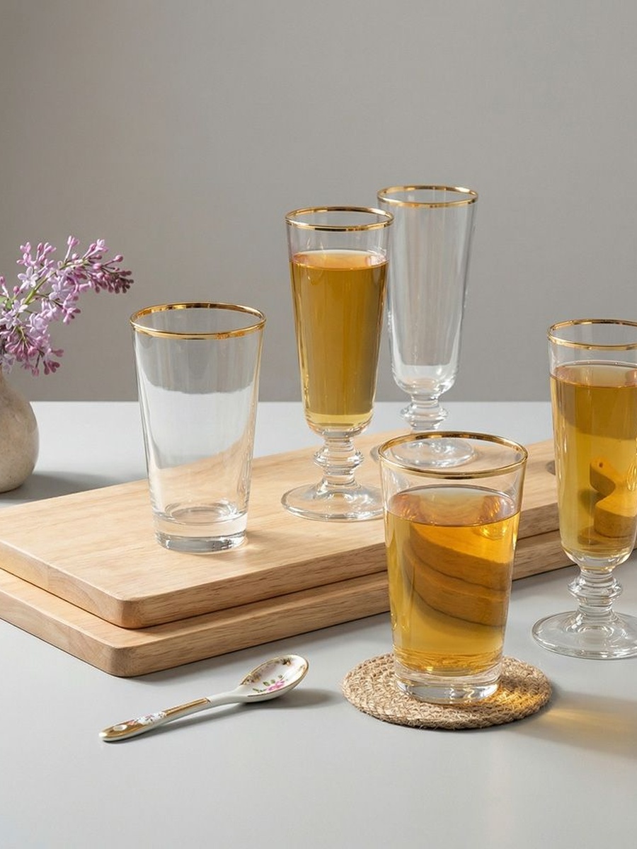Rakle 4 - Piece Short Stem Glass Set 180ml, Gold, Glassware For Dining Table Water Juice And Guest Serving