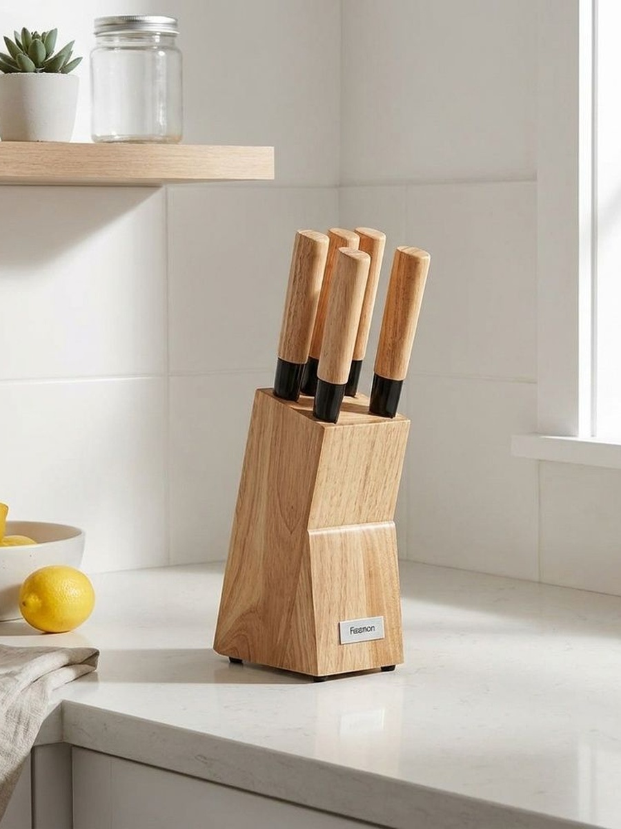 Fissman 6 - Piece Kitchen Knife Set with Wooden Block, Stainless Steel Pascual Series, Brown, For Indoor Spaces, Home Organization