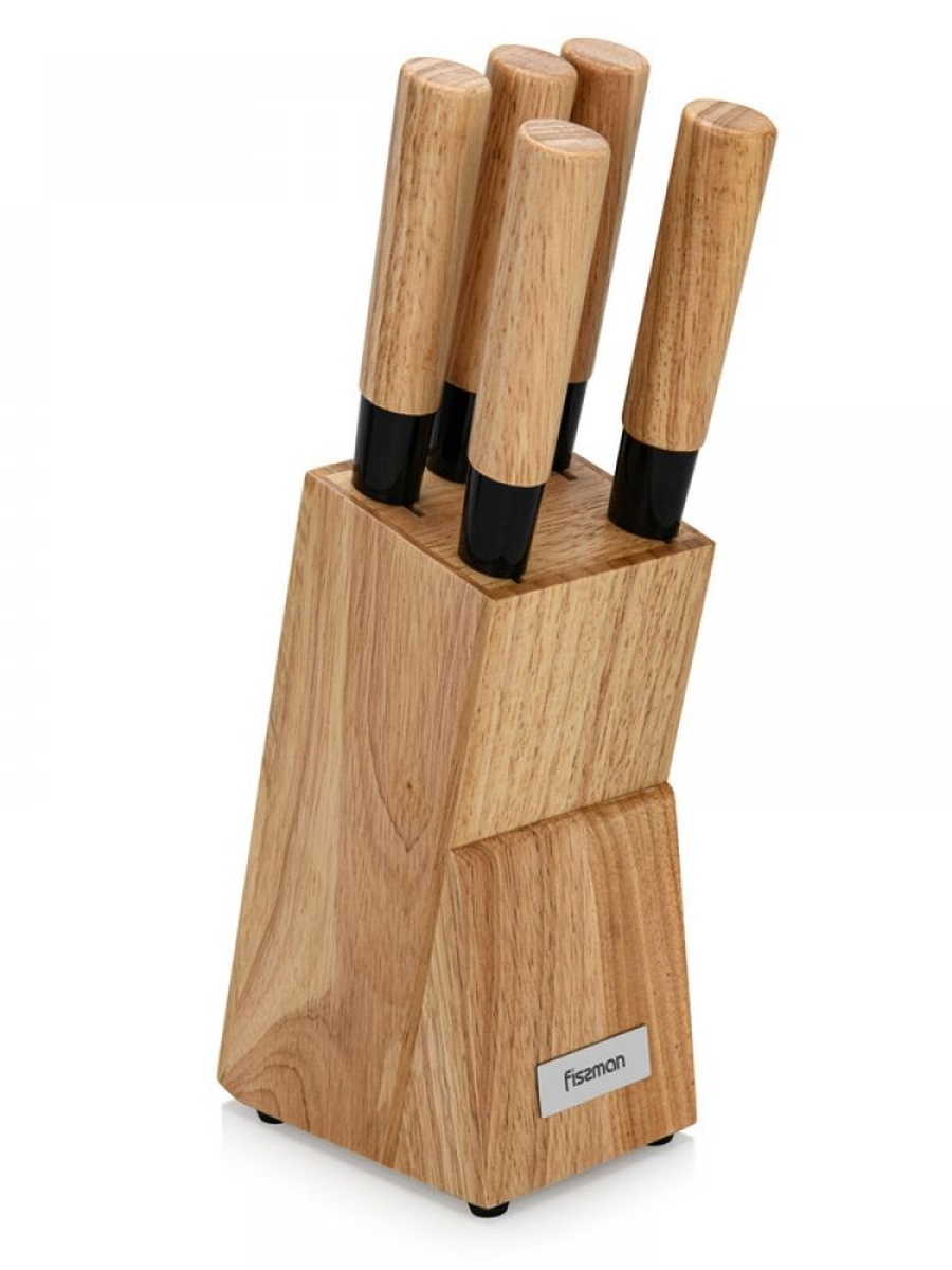Fissman 6 - Piece Kitchen Knife Set with Wooden Block, Stainless Steel Pascual Series, Brown, For Indoor Spaces, Home Organization
