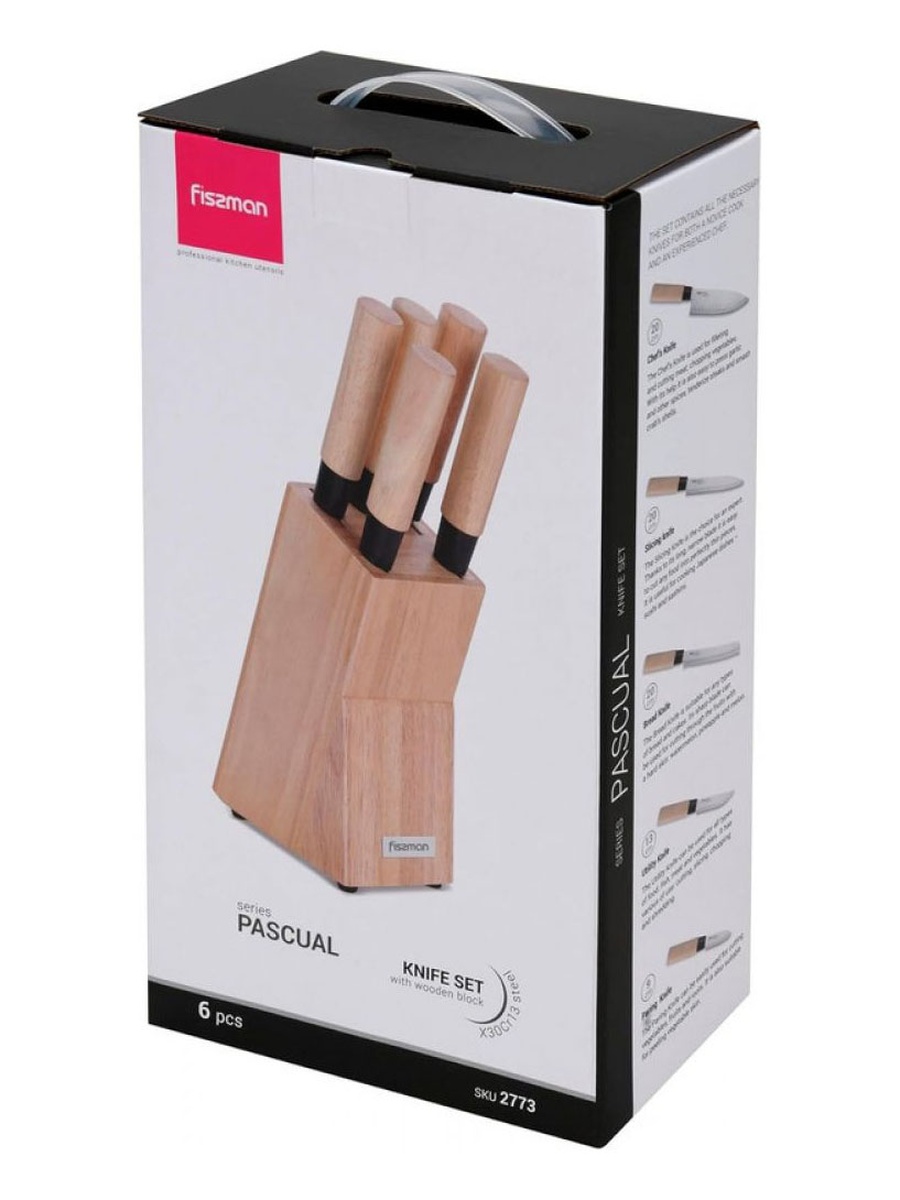 Fissman 6 - Piece Kitchen Knife Set with Wooden Block, Stainless Steel Pascual Series, Brown, For Indoor Spaces, Home Organization