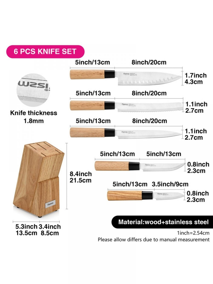 Fissman 6 - Piece Kitchen Knife Set with Wooden Block, Stainless Steel Pascual Series, Brown, For Indoor Spaces, Home Organization
