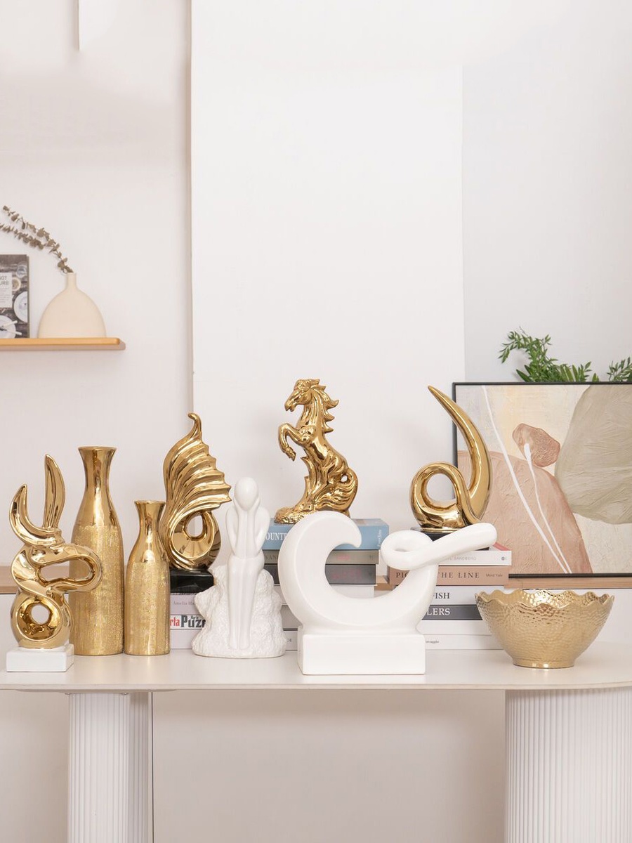 Liana Abstract Gold 15.3x7.8x36.5cm, Stoneware, Decorative Figurine For Tabletop Shelf Console And Home Styling