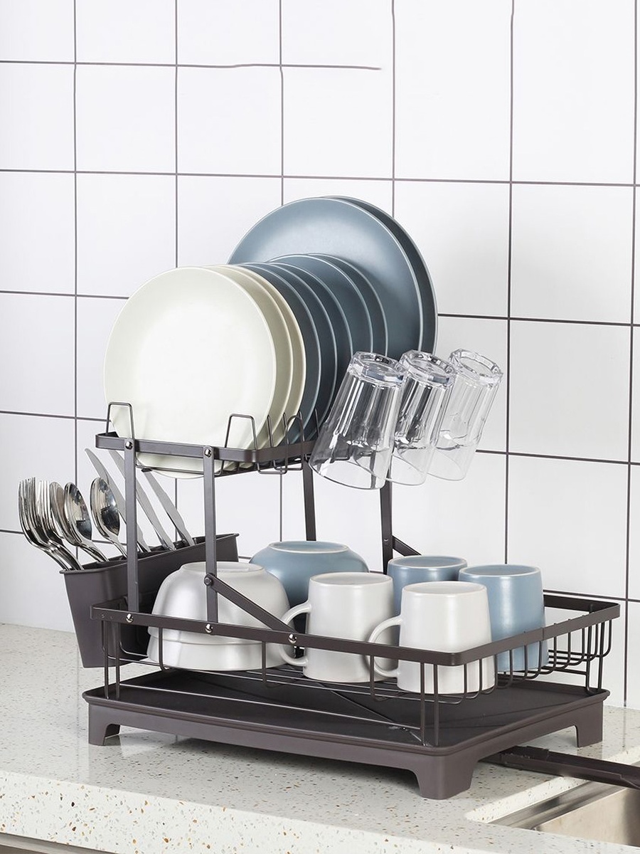 Chef'S Delight Bistro Bliss 2 - Tier Dish Rack Set-48x32x30cm, Brown, Metal, Dish Drying Rack For Kitchen Countertop Plates Cups And Utensils