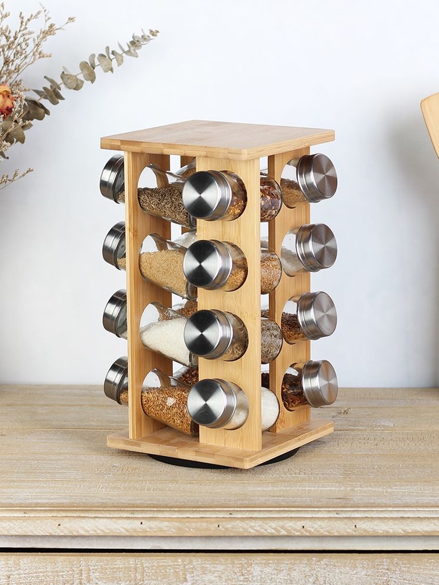 Loretta 16 - Piece Bamboo Spice Rack Set Natural 15.5x15.5x29.2 H cm-16x90 ml