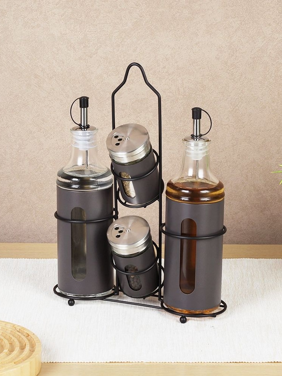 Bistro Bliss 4 - Piece Condiment Jar With Stand - Ov:2x400Ml Sp:2x90Ml, Brown, Metal
