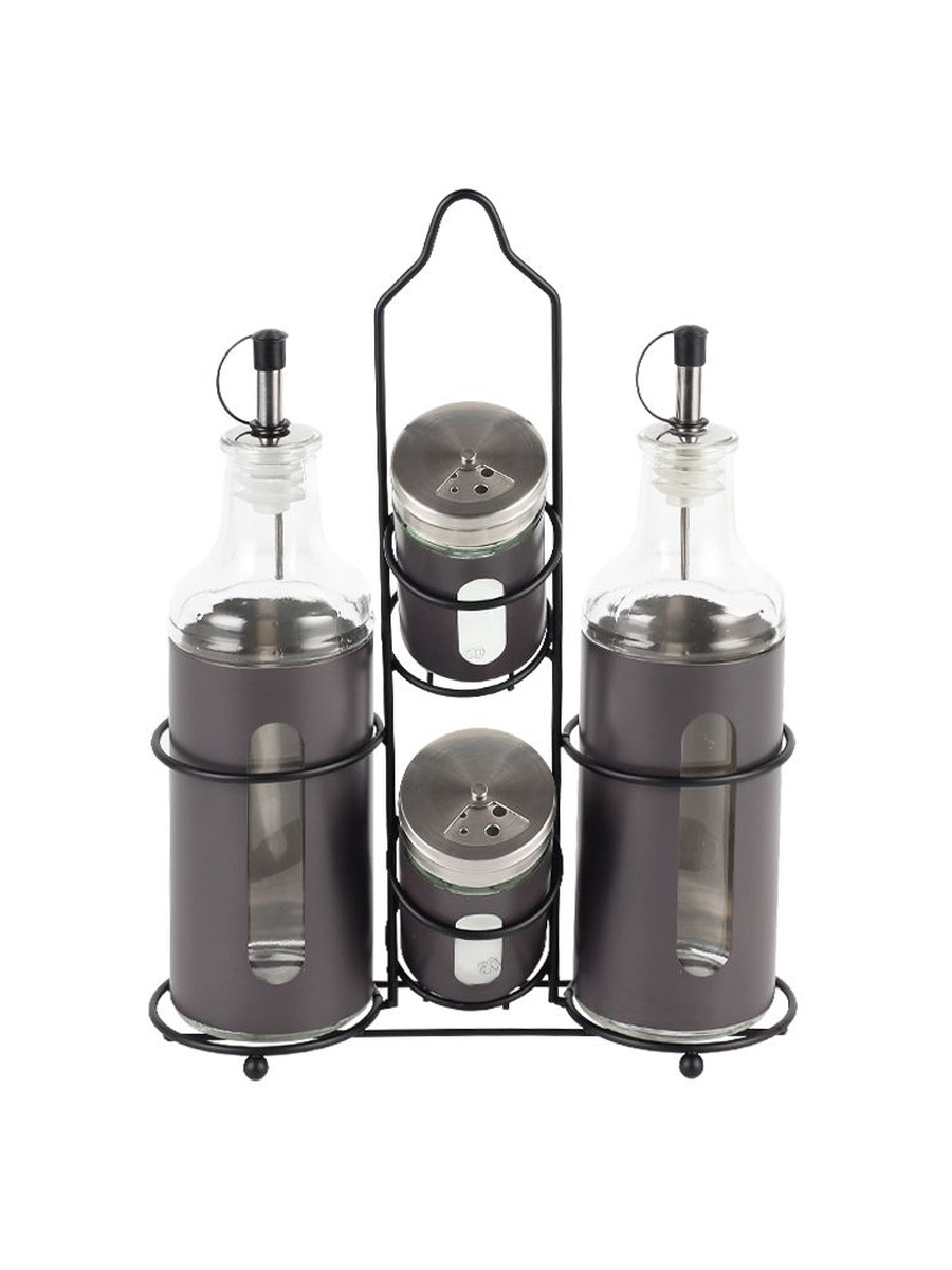 Bistro Bliss 4 - Piece Condiment Jar With Stand - Ov:2x400Ml Sp:2x90Ml, Brown, Metal