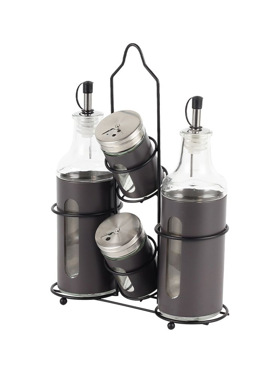 Bistro Bliss 4 - Piece Condiment Jar With Stand - Ov:2x400Ml Sp:2x90Ml, Brown, Metal