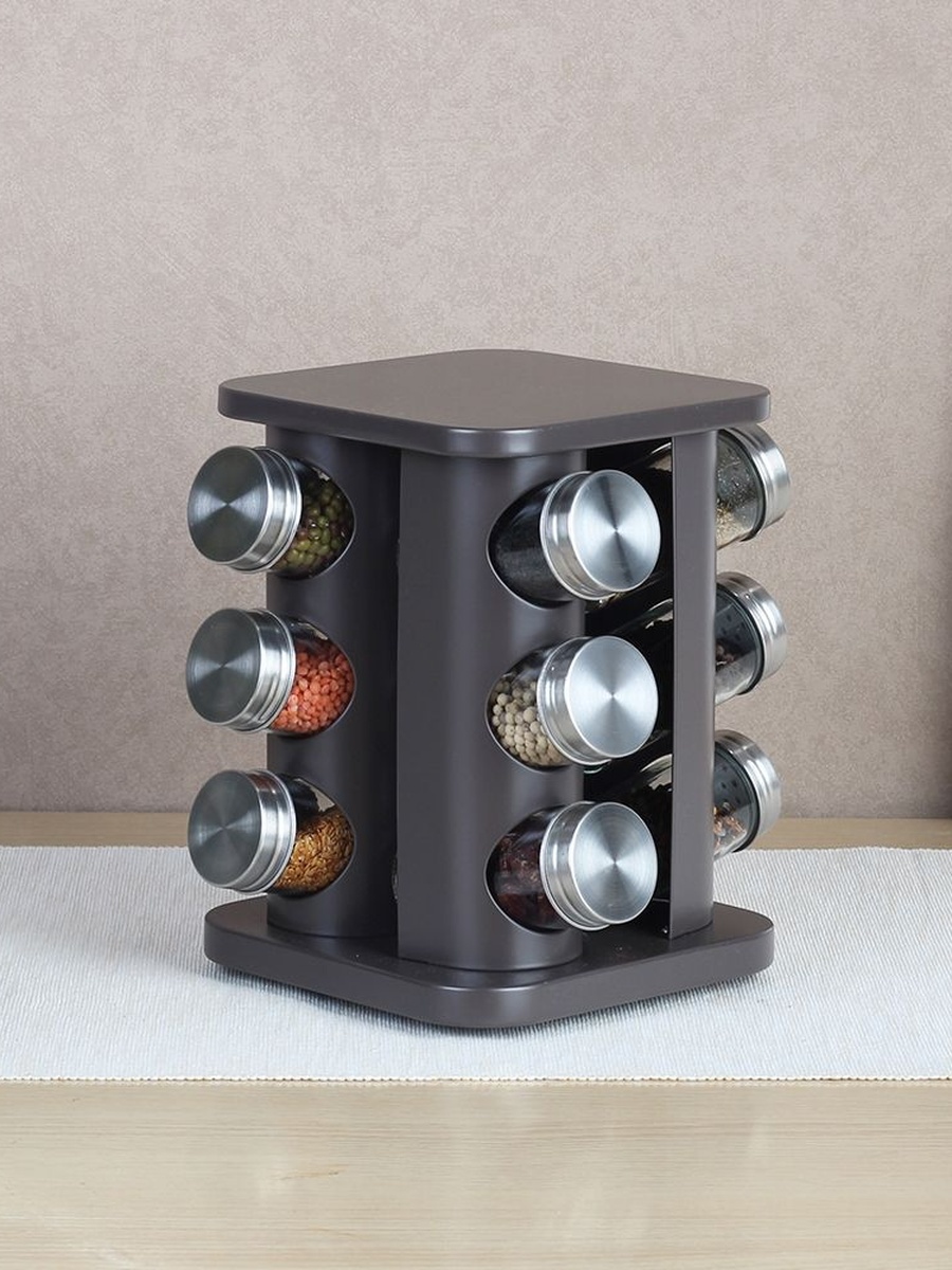 Bistro Bliss 13 - Piece Spice Rack Set Grey, 100Ml - 19x19x21.5cm, Brown, Metal