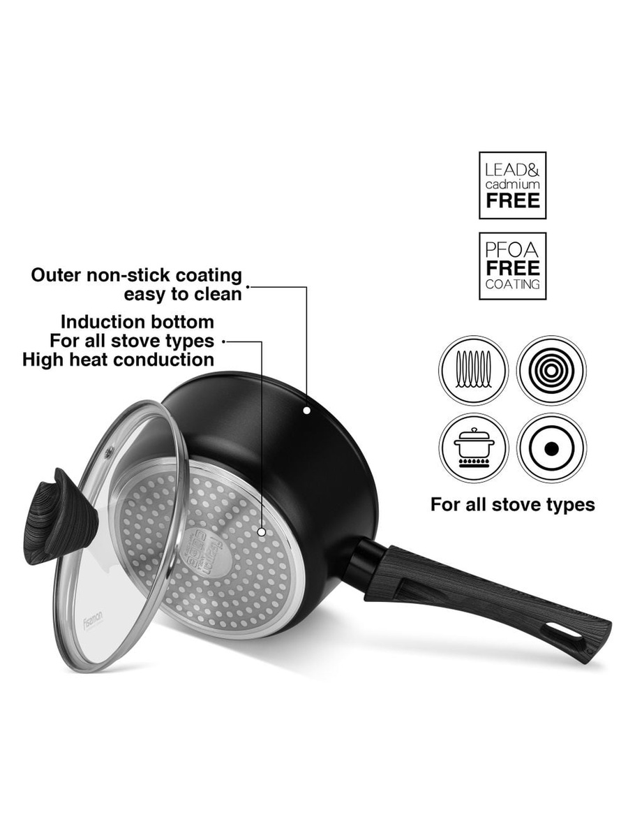 Sauce Pan Angela 16x8cm/1.39 Liter With Glass Lid, Aluminium With Non - Stick, Black
