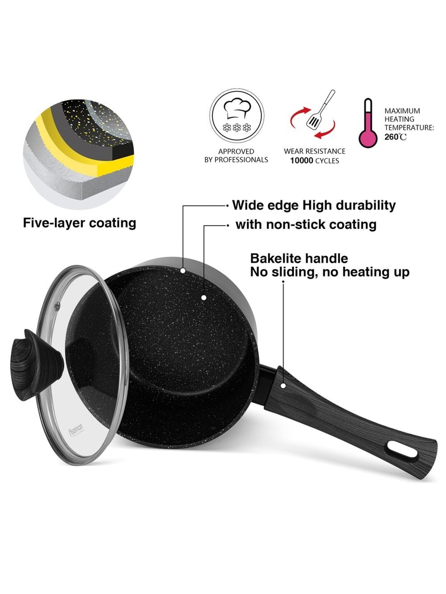 Sauce Pan Angela 16x8cm/1.39 Liter With Glass Lid, Aluminium With Non - Stick, Black