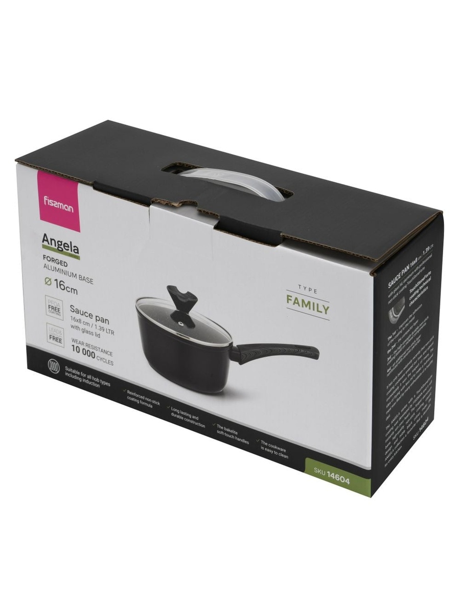 Sauce Pan Angela 16x8cm/1.39 Liter With Glass Lid, Aluminium With Non - Stick, Black
