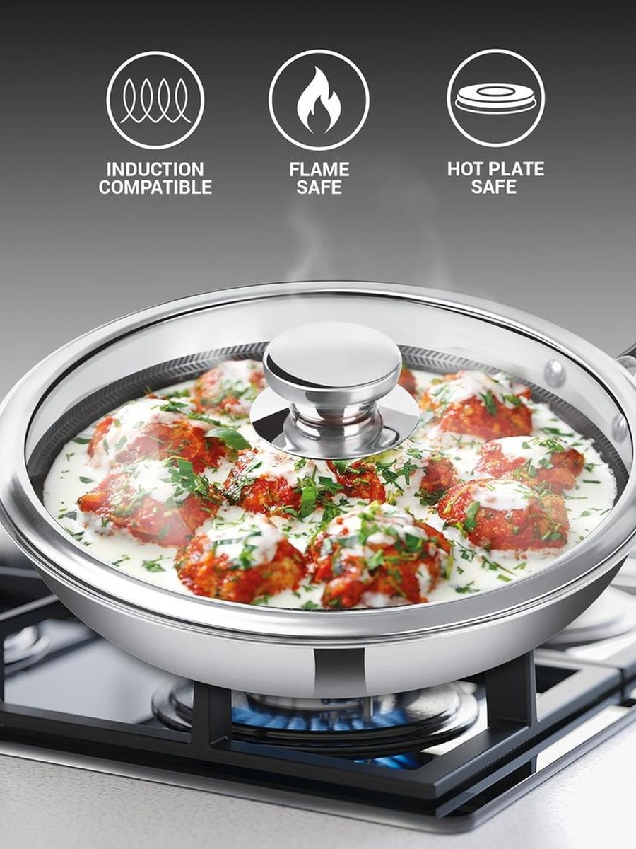 Pro Cook Triply Fry Pan With Lid 26CM - H.Comb, Silver, Stainless Steel