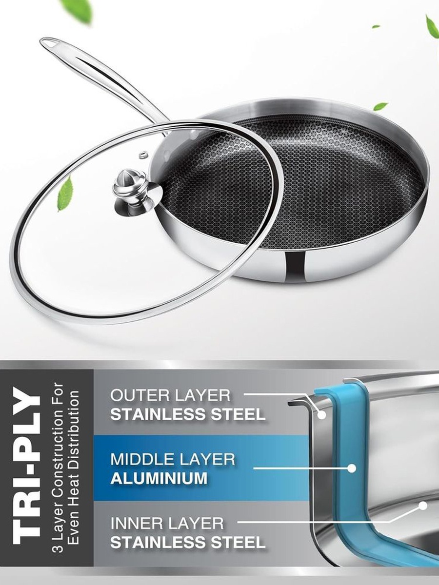 Pro Cook Triply Fry Pan With Lid 26CM - H.Comb, Silver, Stainless Steel