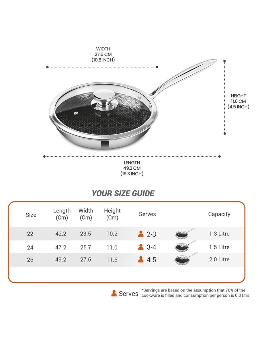 Pro Cook Triply Fry Pan With Lid 26CM - H.Comb, Silver, Stainless Steel