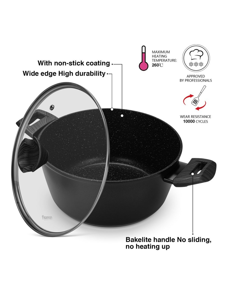 Stockpot Angela 24x11cm/4.2 Liter With Glass Lid, Aluminium With Non - Stick, Black