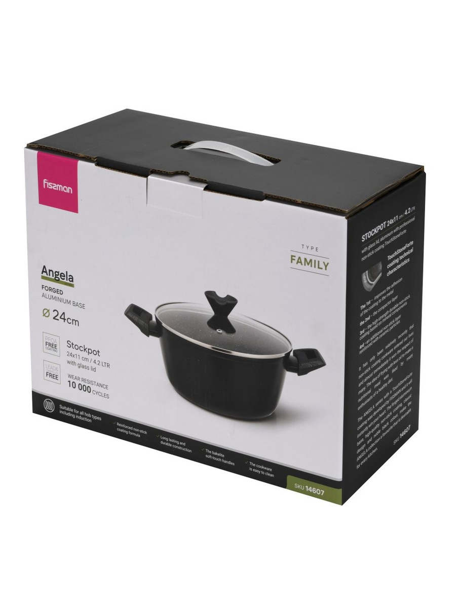 Stockpot Angela 24x11cm/4.2 Liter With Glass Lid, Aluminium With Non - Stick, Black