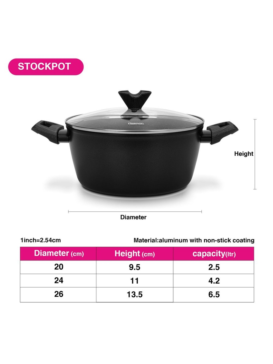 Stockpot Angela 20x9.5cm/2.5 Liter With Glass Lid (Aluminium With Non - Stick, Black