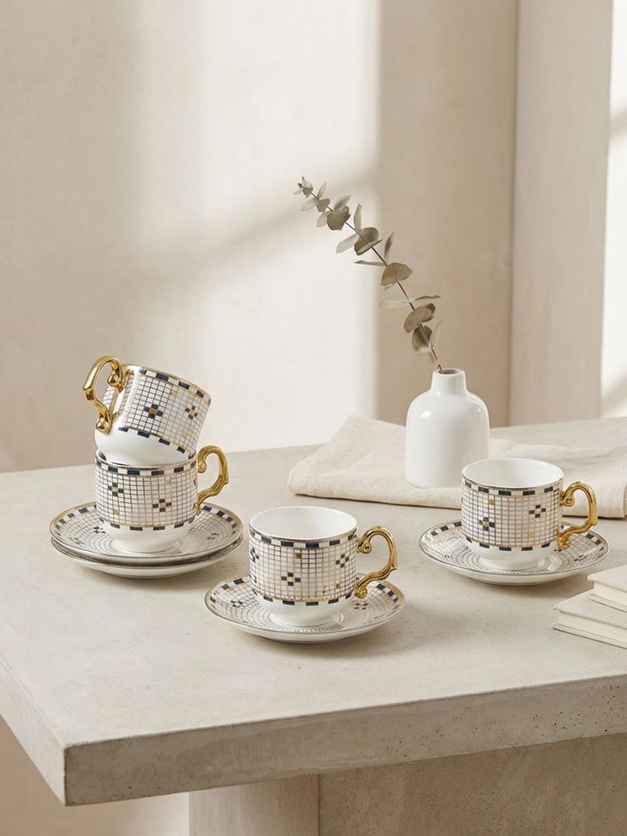 Brewelle 12 - Piece New Bone China Tea Cup Set 200ml, Gold