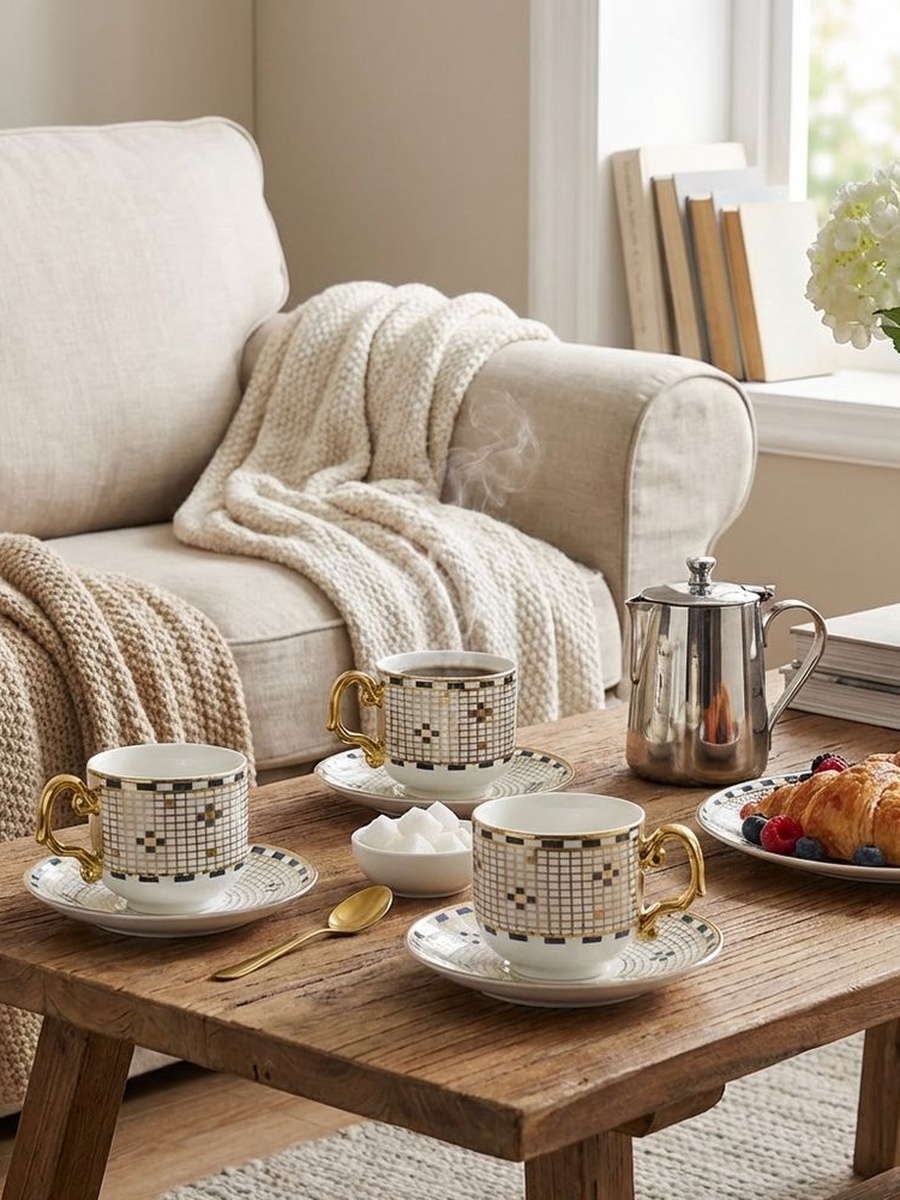 Brewelle 12 - Piece New Bone China Tea Cup Set 200ml, Gold
